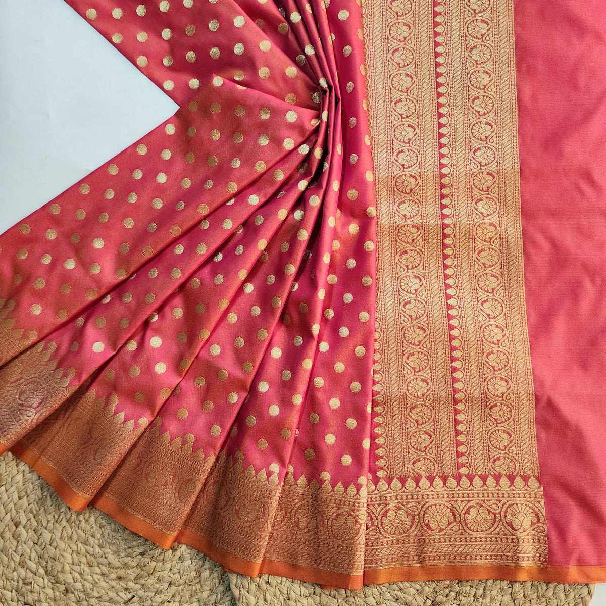 Coral Red Banarasi Silk Dupatta with Gold Polka Dot