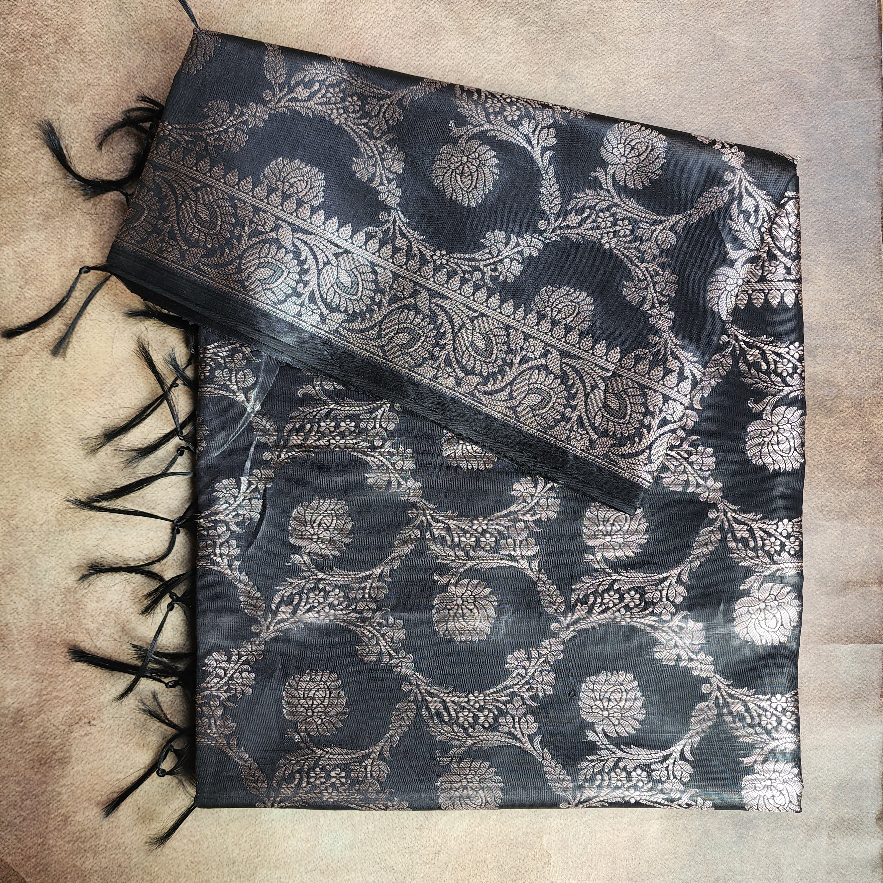 Black Semi Silk Zari Dupatta