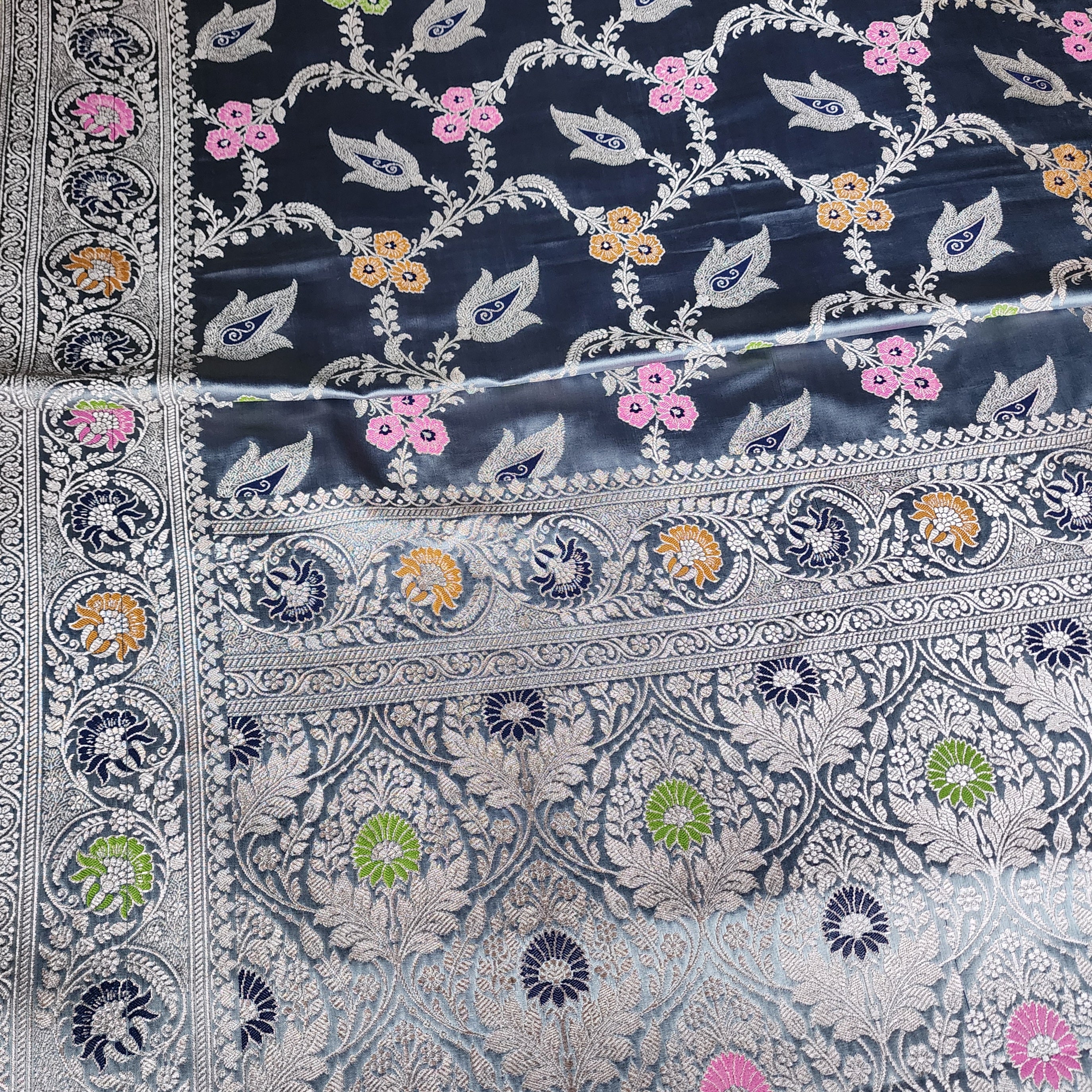 Enriched Dusky Blue Banarasi Katan Silk Saree with Multicolor Meenakari Floral Jaal