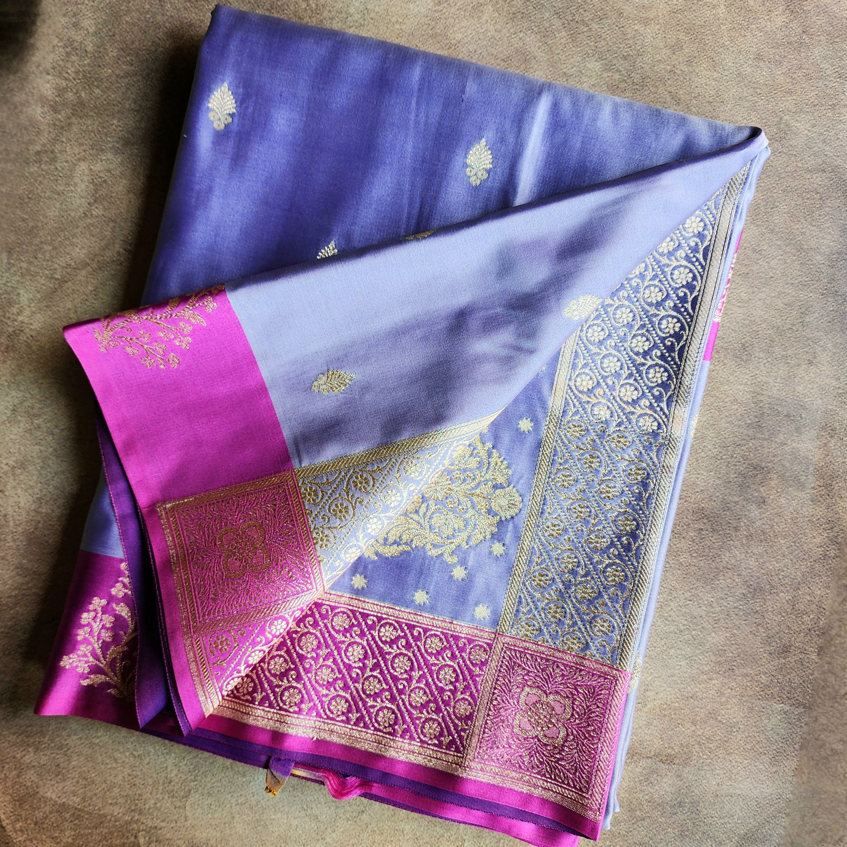 Pastel Purple Katan Silk Saree with Magenta Gold Zari Border