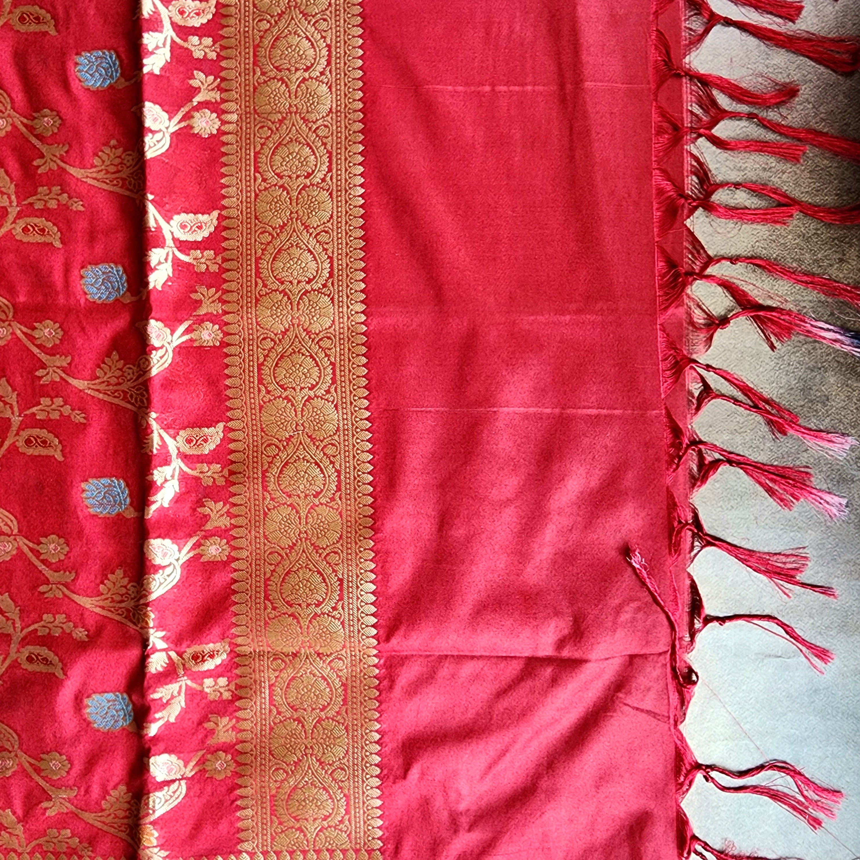 Maroon Banarasi Silk Dupatta with Gold Zari Border & Multicolor Meenakari Work