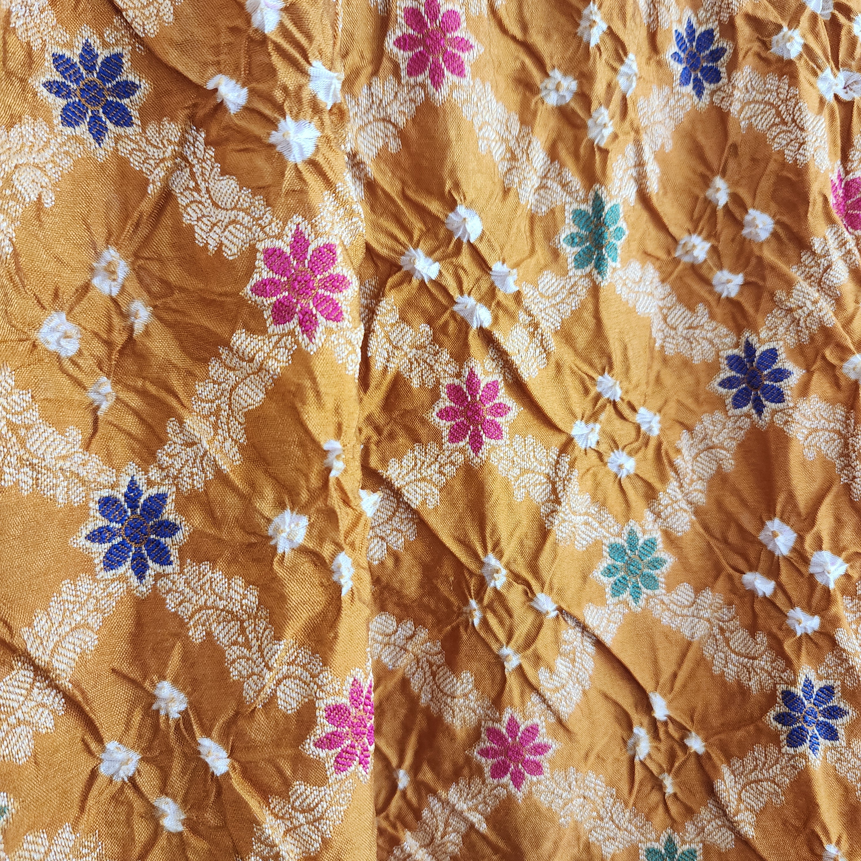 Mustard Yellow Bandhni dupatta with Banarasi Meenakari work