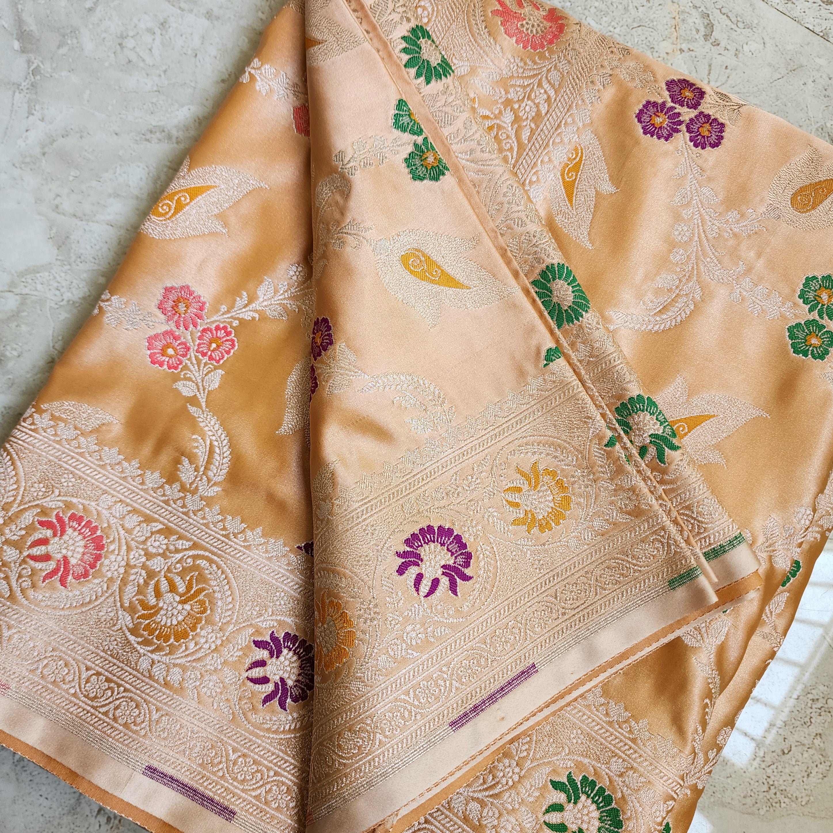 Enriched Dark Orange Banarasi Katan Silk Saree with Multicolor Meenakari Floral Jaal
