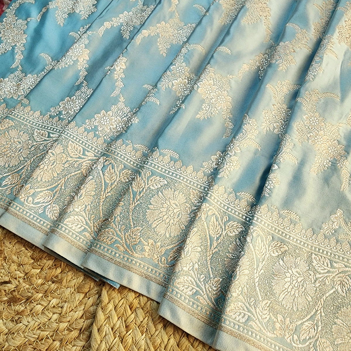 Powder Blue Banarasi Katan Silk Saree with Floral Vine Jaal