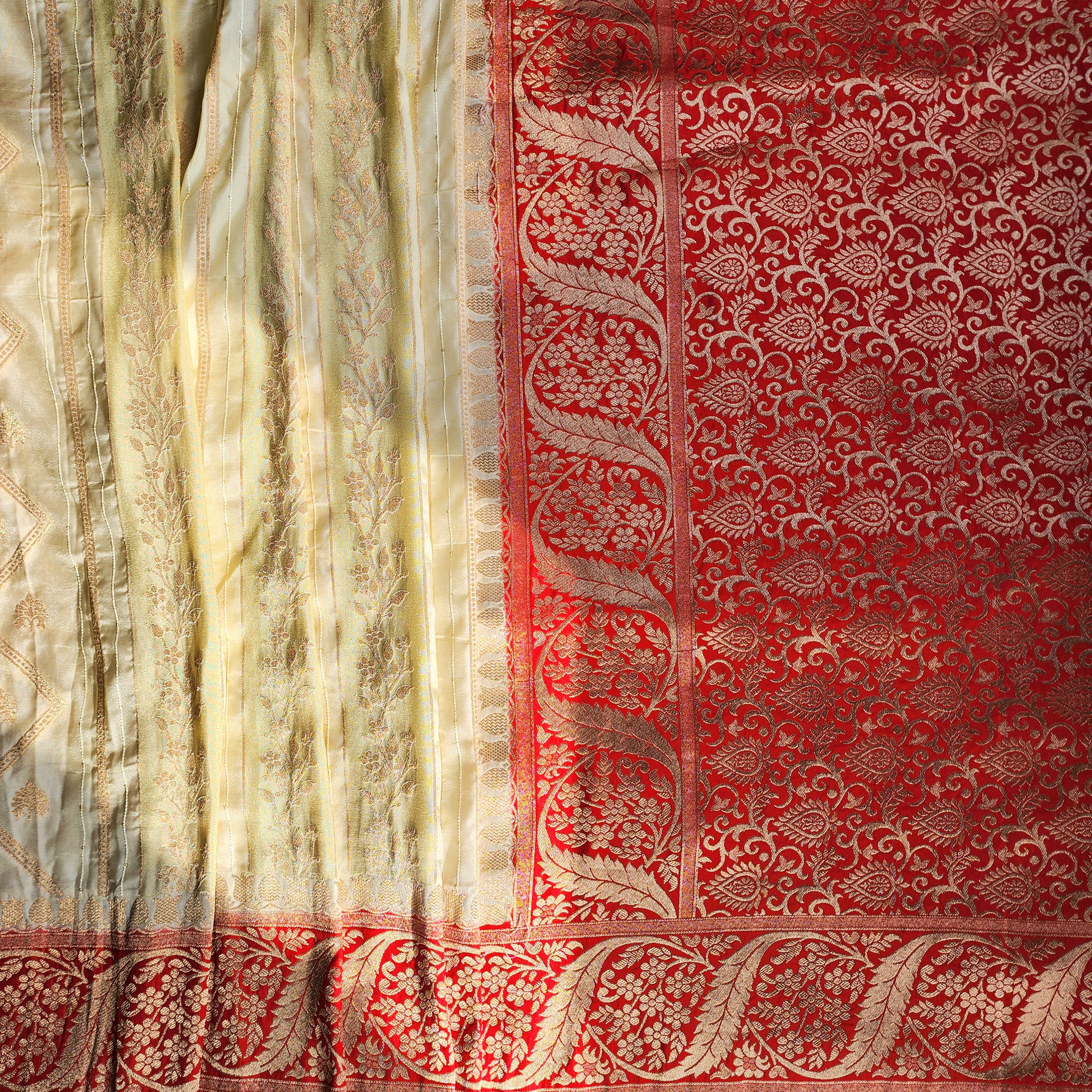 Rich White Crepe Georgette Silk Saree with Red Border and Gold Zari Detailing