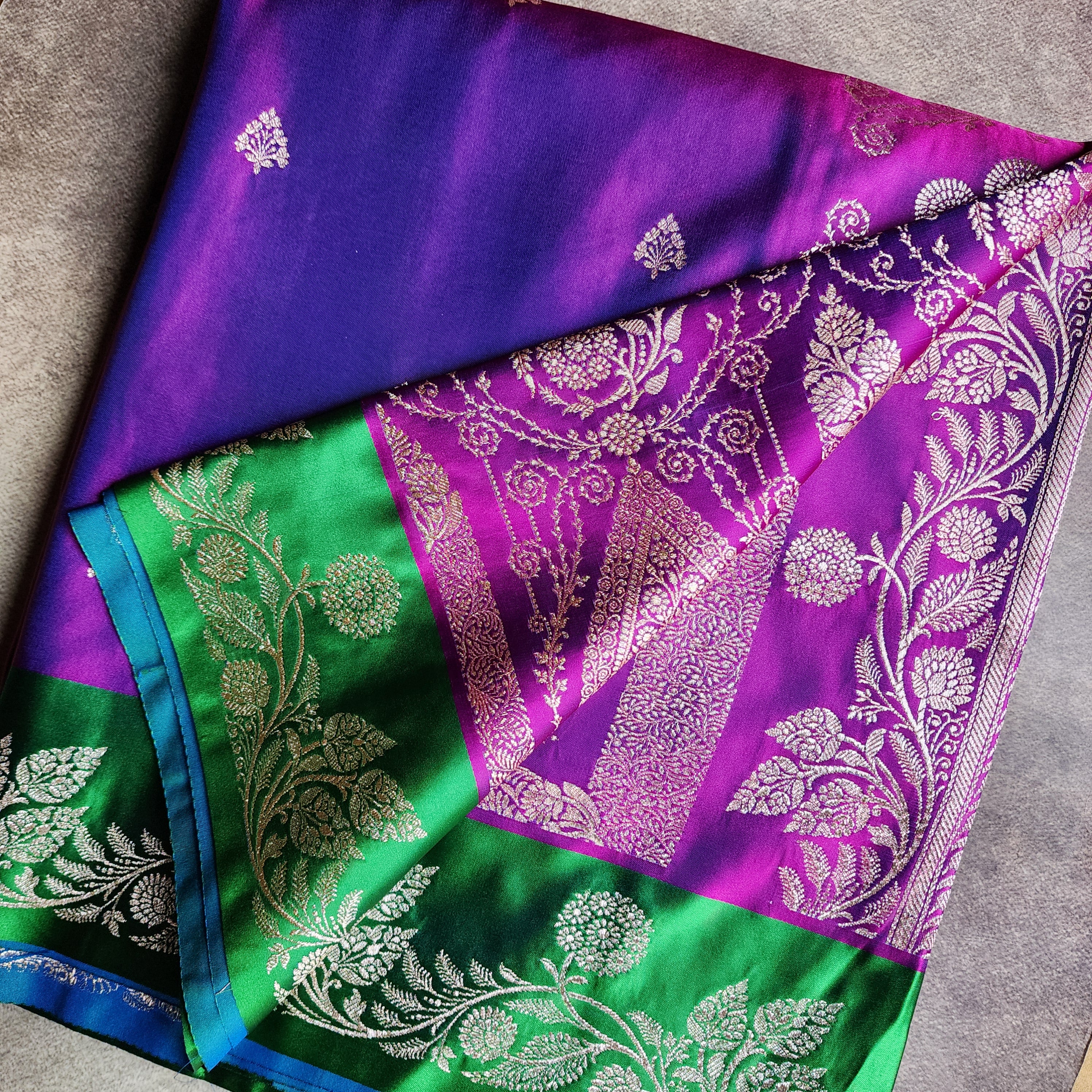 Royal Purple Pure Banarasi Katan Silk Saree with Leaf Green Border
