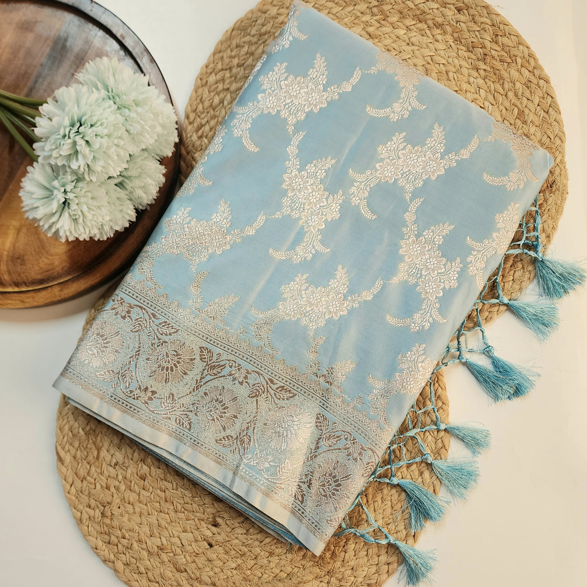 Powder Blue Banarasi Katan Silk Saree with Floral Vine Jaal