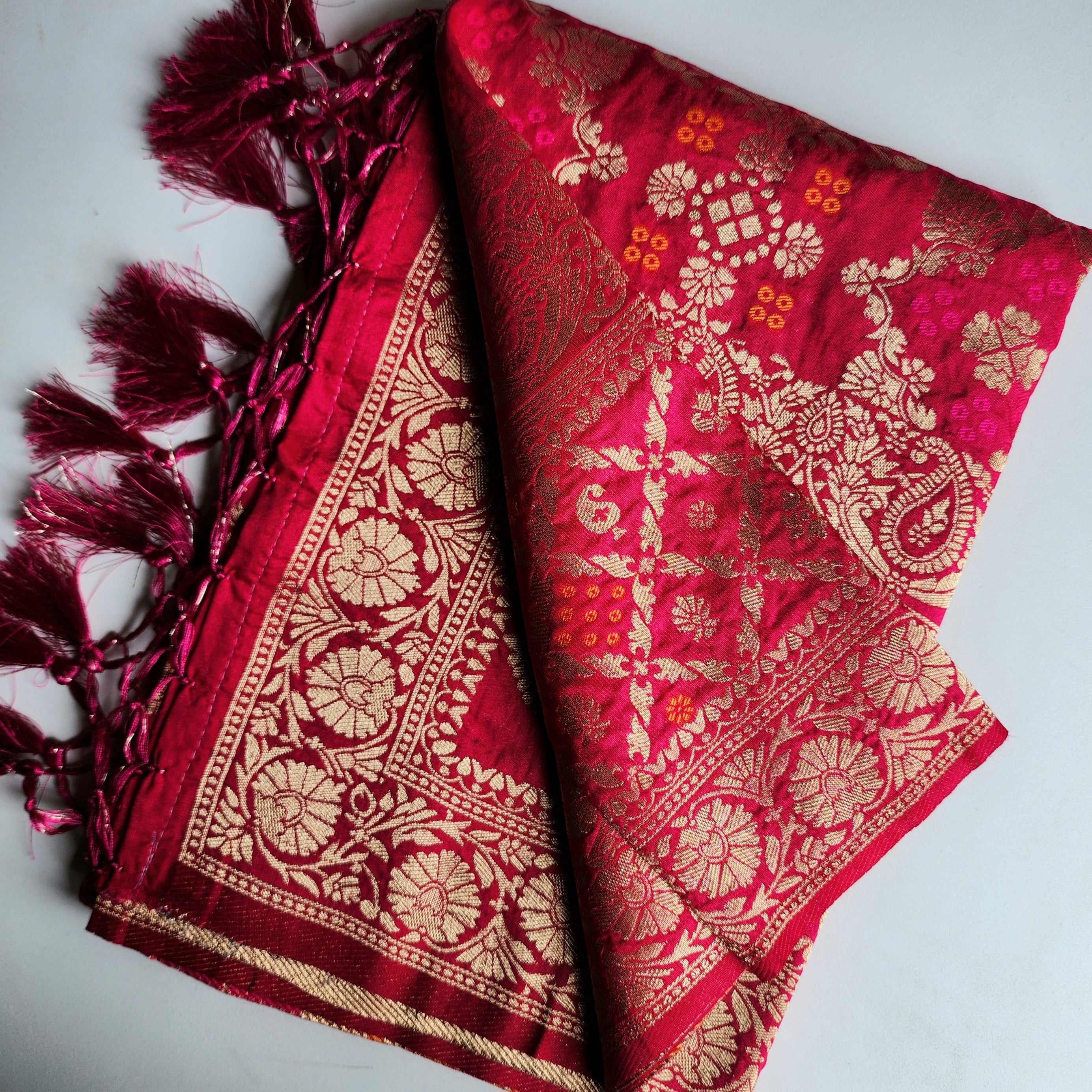 Wine Magenta Bandhani Dupatta with Floral and Geometric Zari Weave