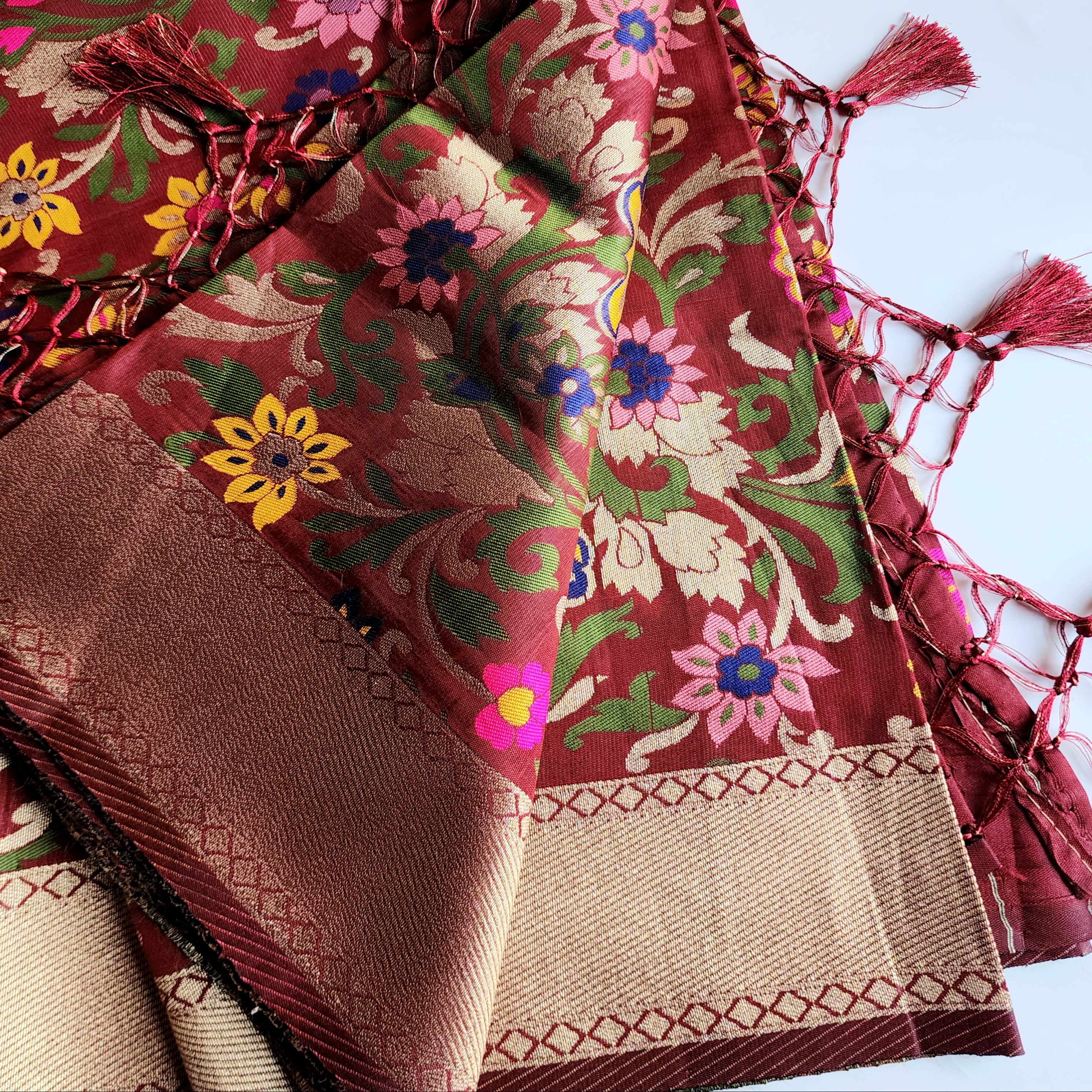 Banarasi Silk Brown Dupatta with Multicolor & Gold Floral Handweaving