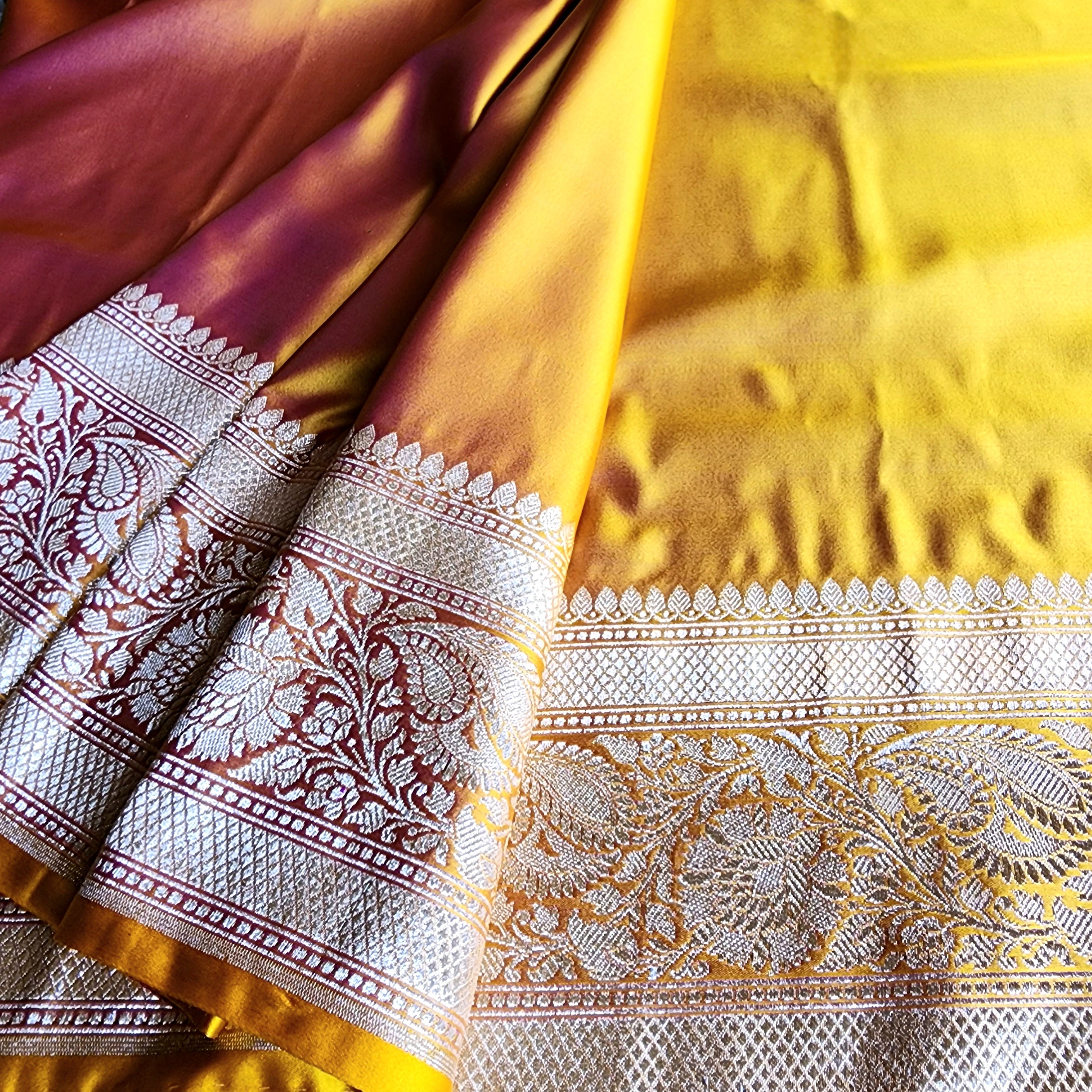 Rich Orange Pure Banarasi Katan Silk Saree with light Gold Zari Weaving