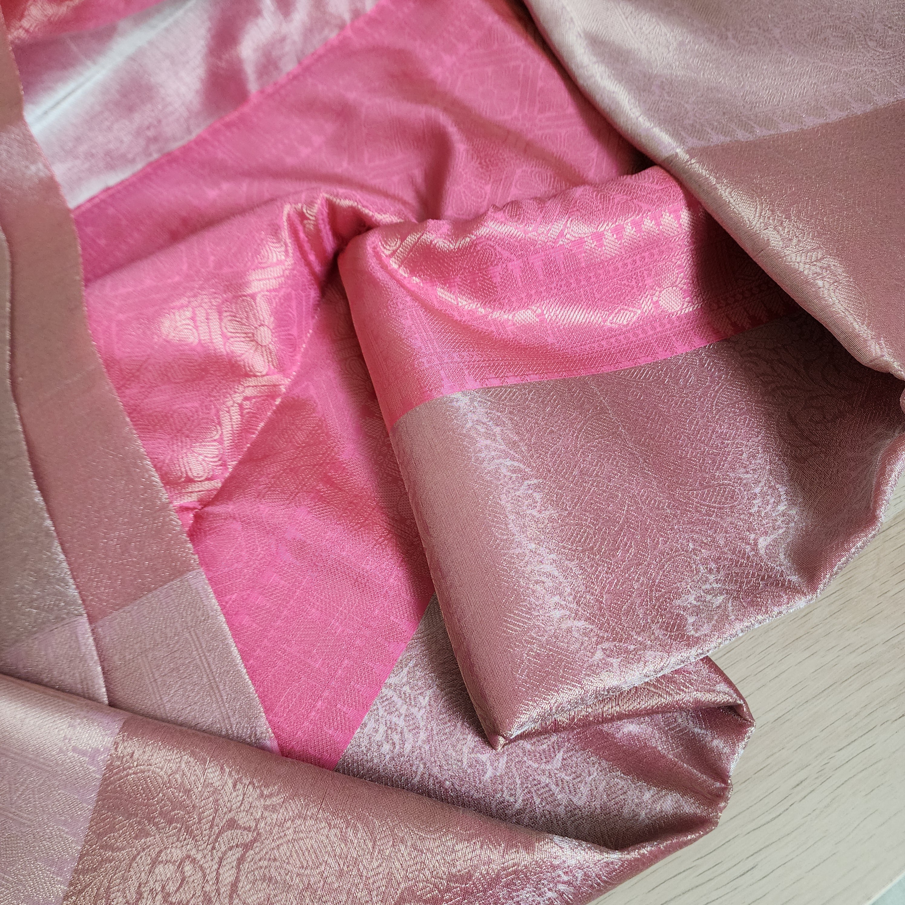 Unique Coral Pink & Beige Kanjivaram style Banarasi Tissue Saree