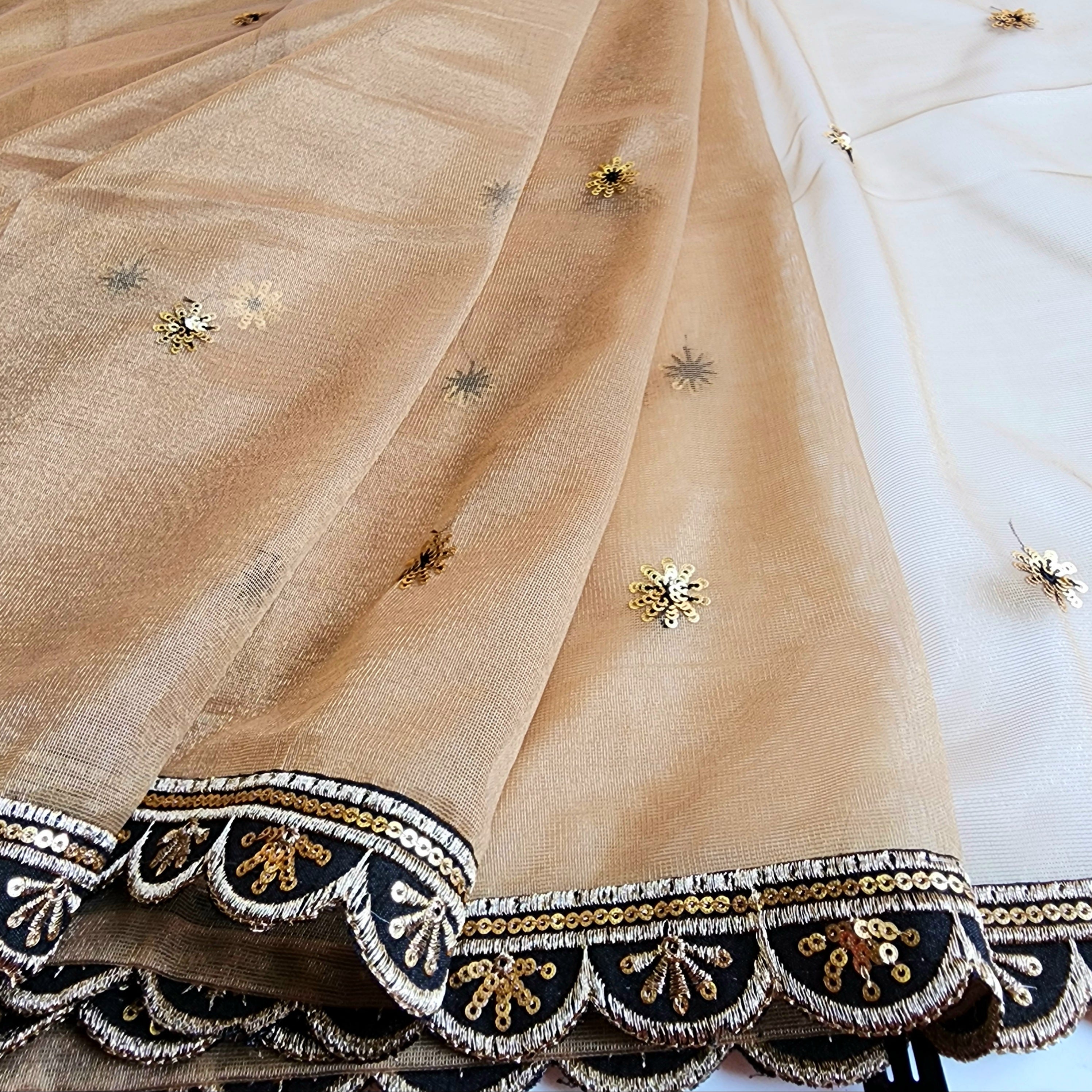 Beige Designer Net Saree with Heavy Embroidery Cut Work Border