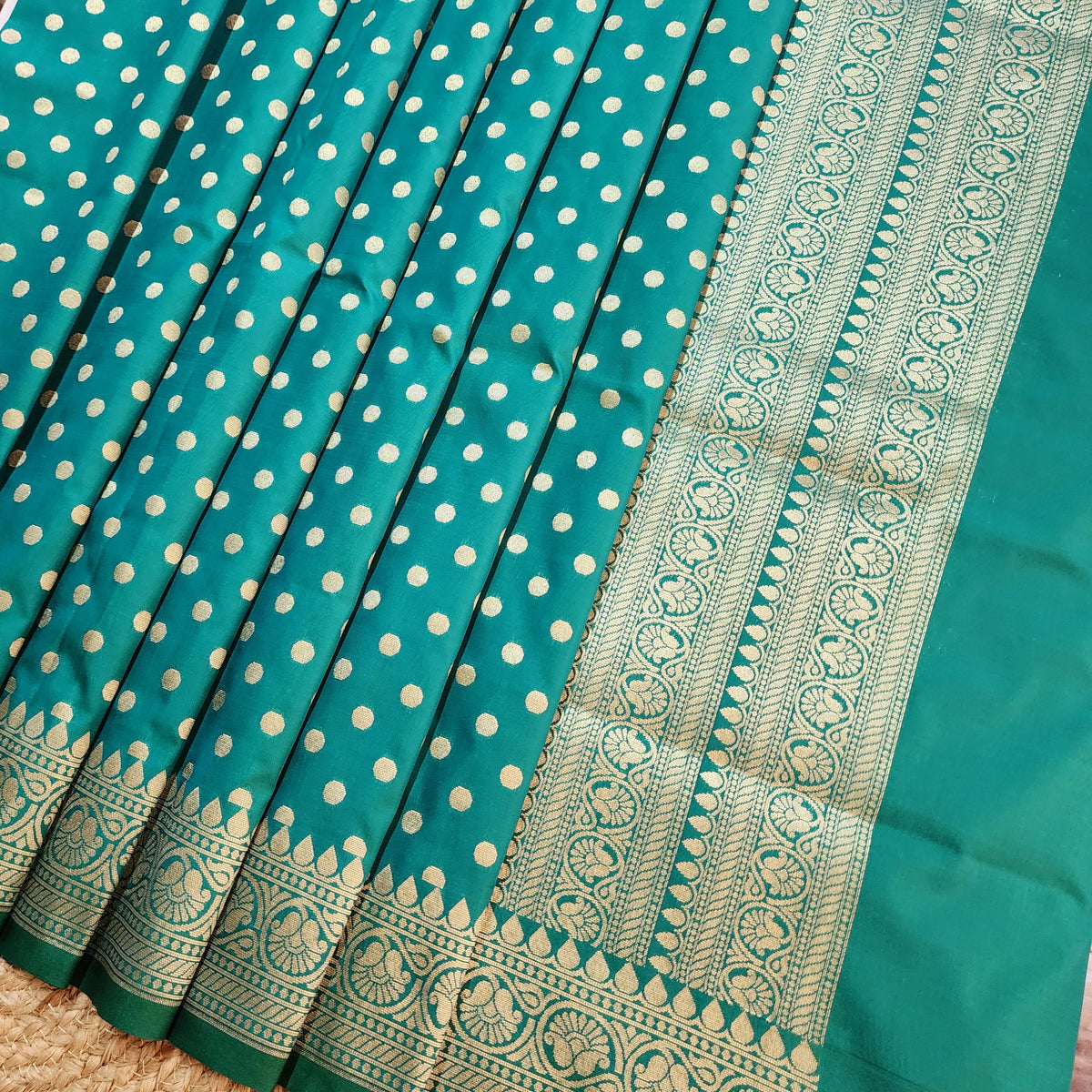Teal Green Banarasi Silk Dupatta with Gold Polka Dot