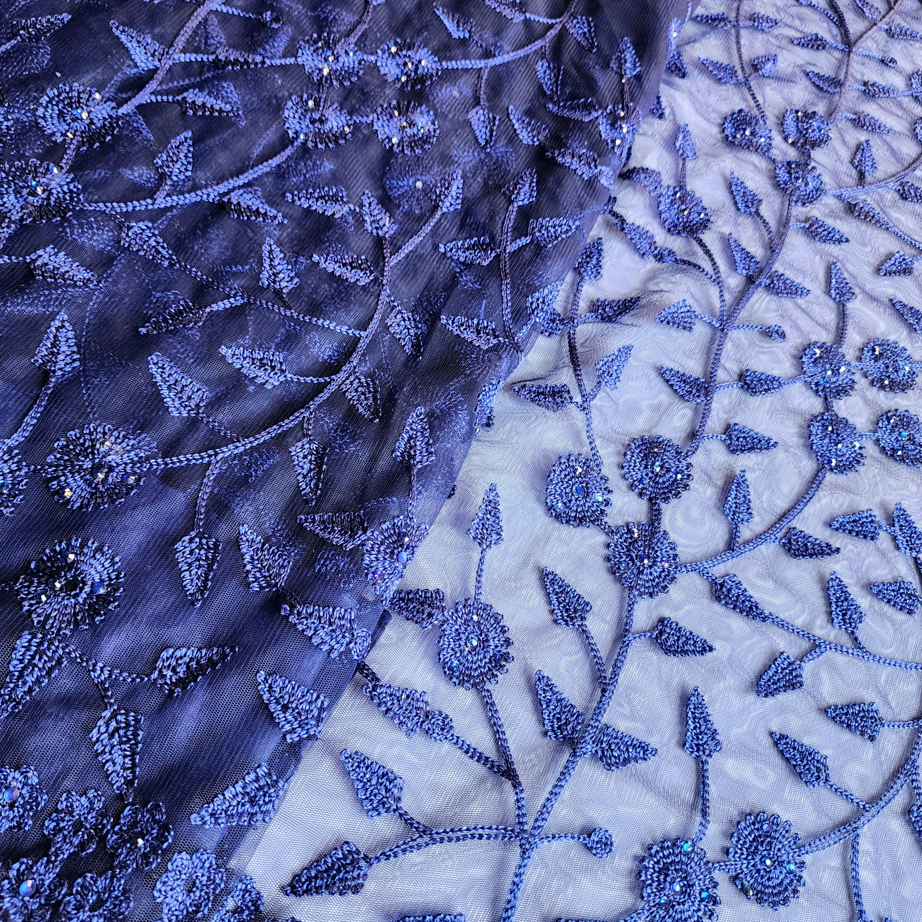 Embroidered Net Designer Saree in Dark Blue