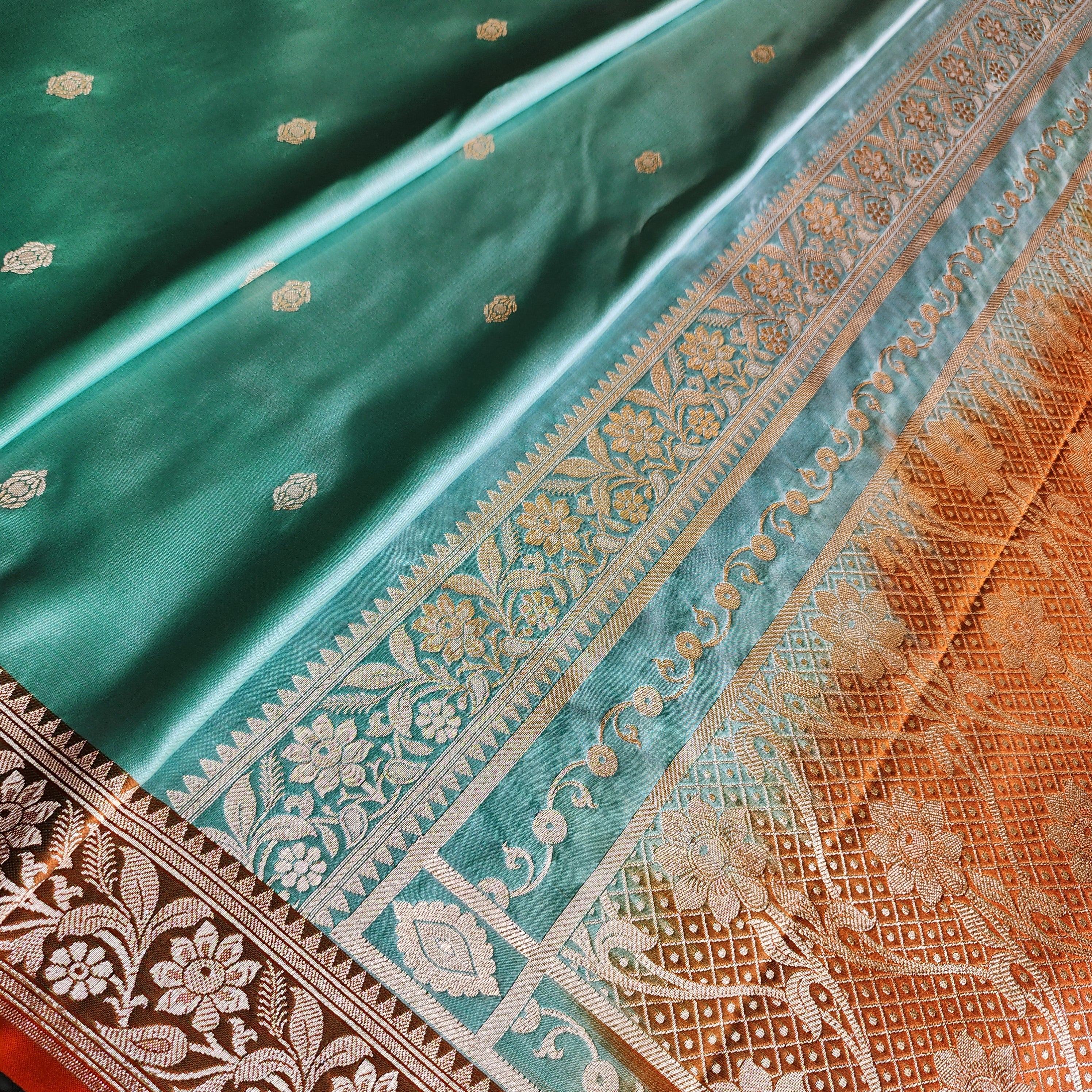 Aqua Katan Silk Saree with Rust and Gold Zari Border