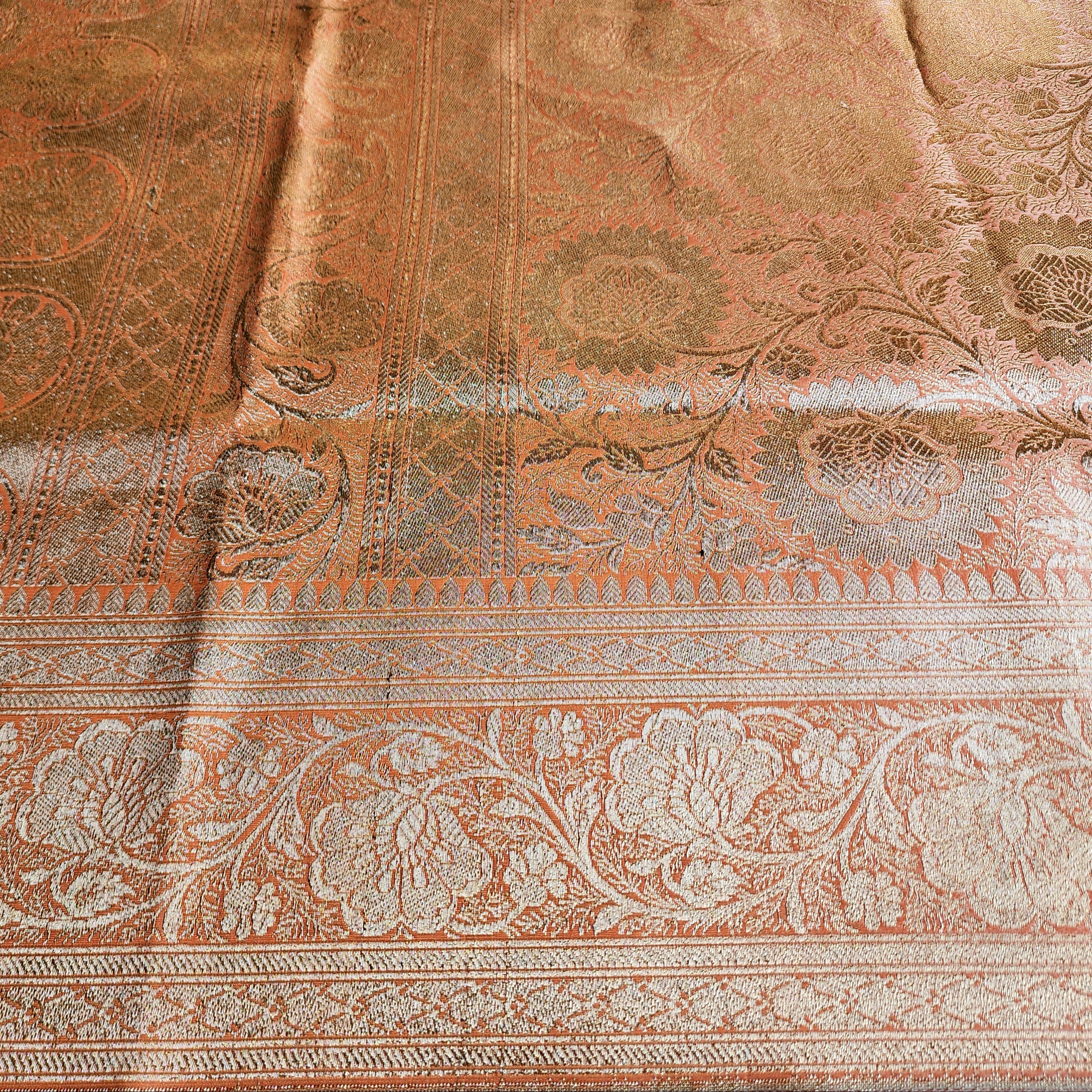 Rich Burnt Orange Banarasi Silk Saree with Gold Zari Weaving