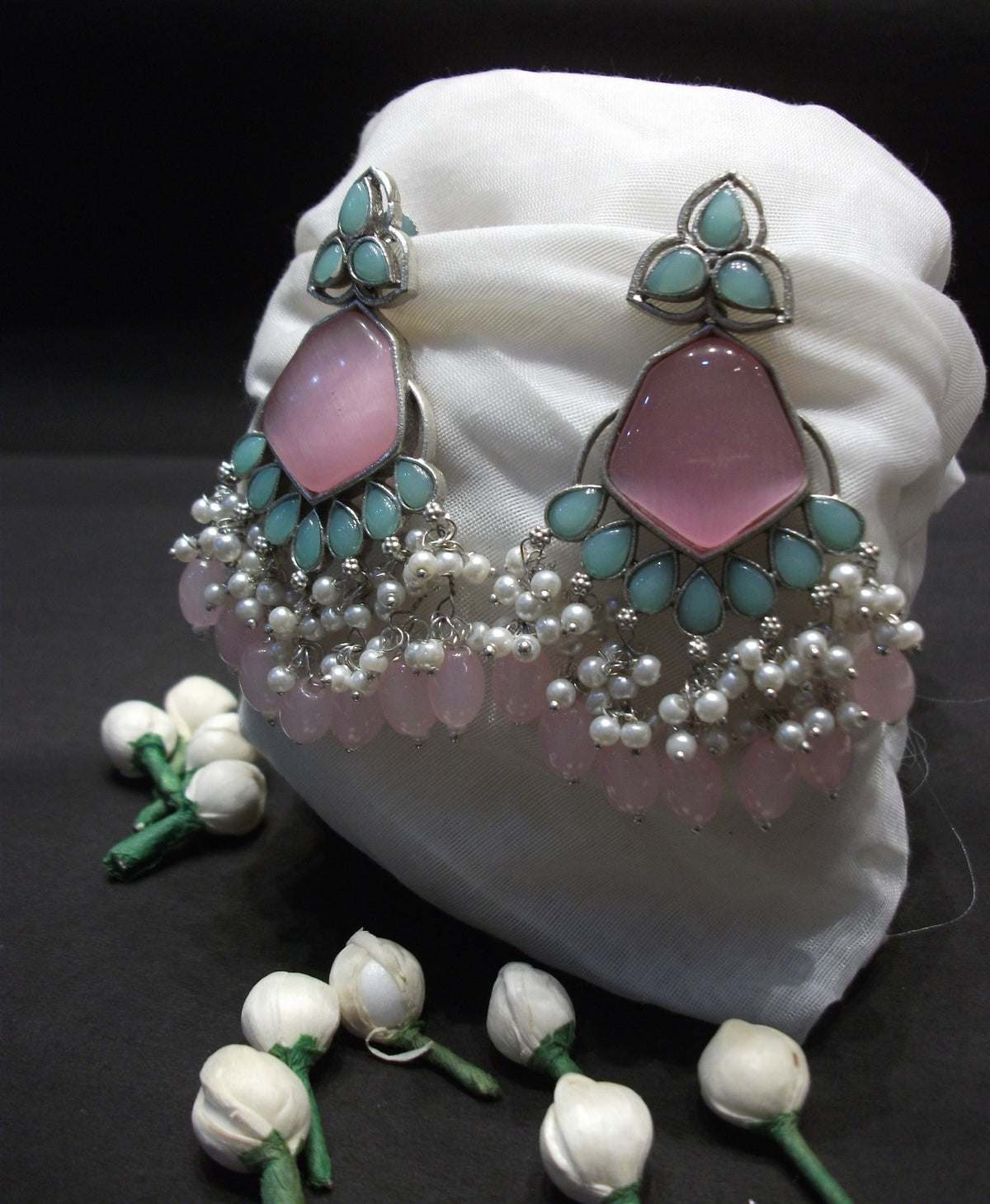 Pastel Pink & Mint Green Stone Cluster Statement Earrings with Pearl Beads