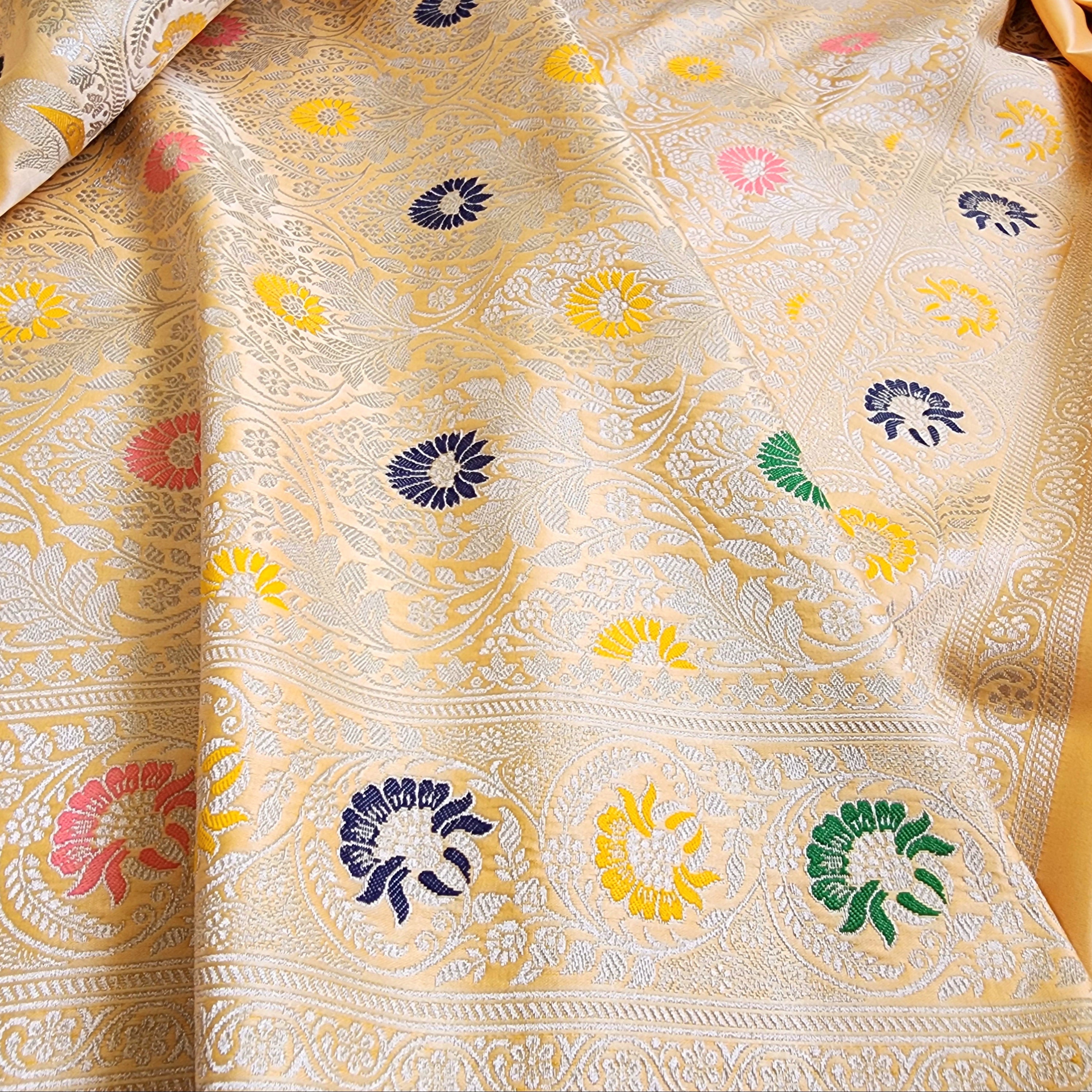 Enriched Light Orange Banarasi Katan Silk Saree with Multicolor Meenakari Floral Jaal