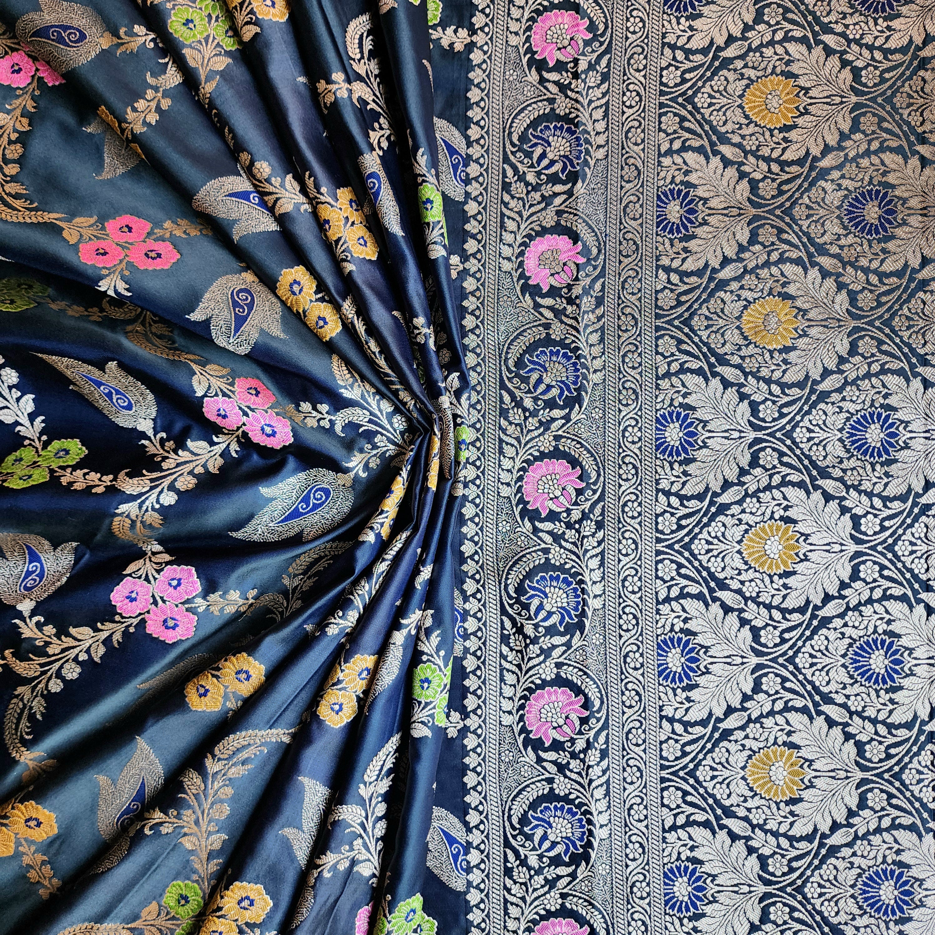Enriched Midnight Blue Banarasi Katan Silk Saree with Multicolor Meenakari Floral Jaal