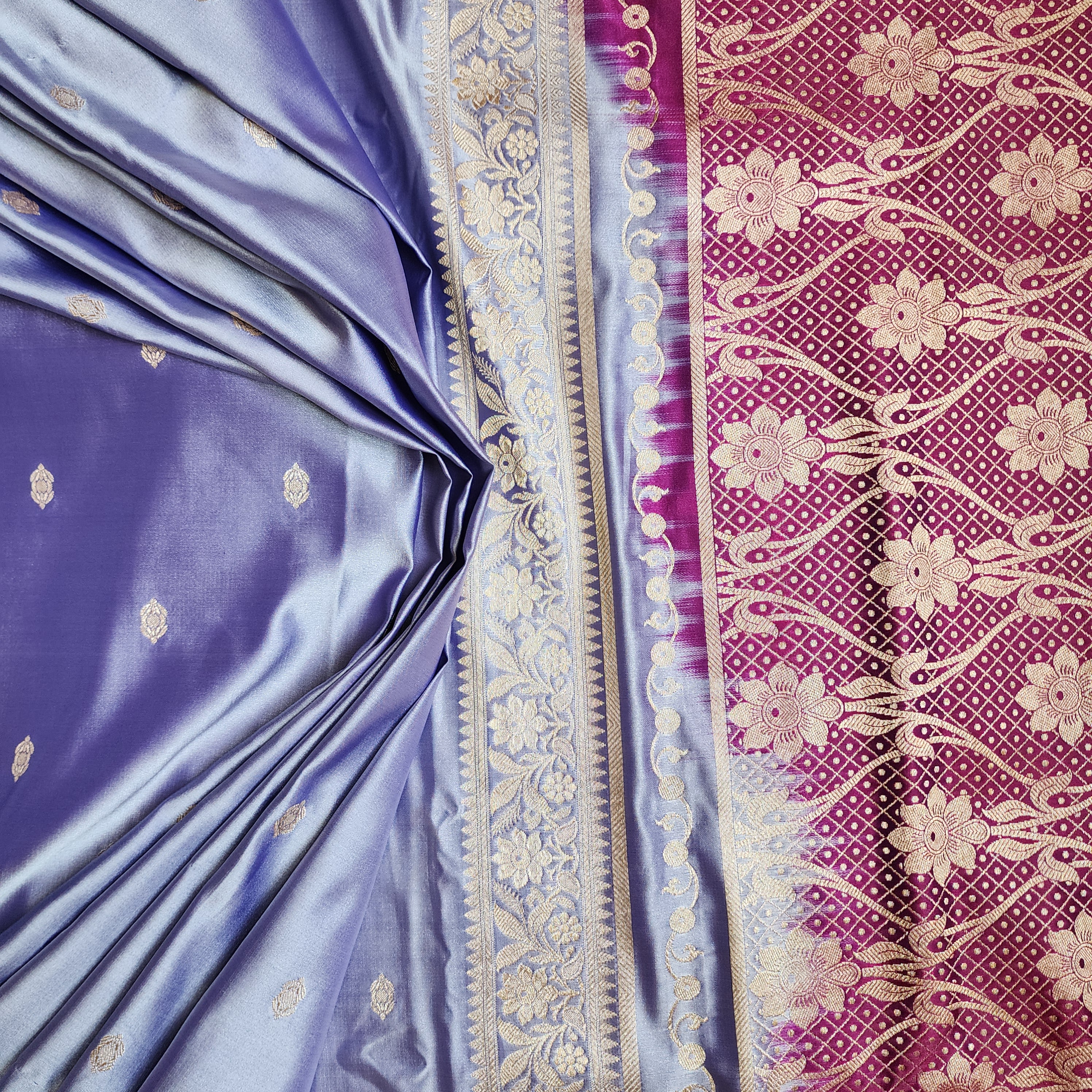 Periwinkle Katan Silk Saree with Magenta and Gold Zari Border