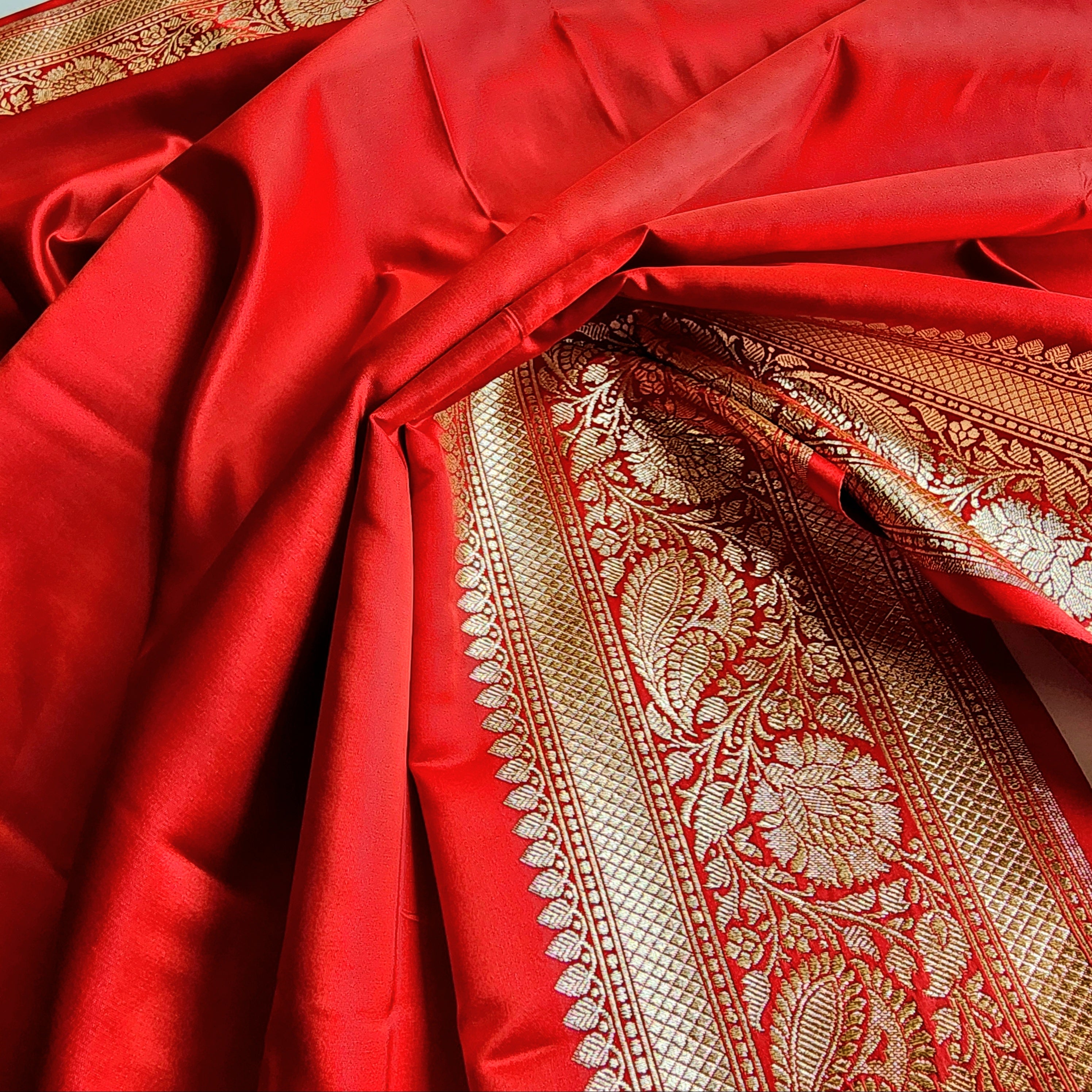 Rich Ruby Red Pure Banarasi Katan Silk Saree with light Gold Zari Weaving