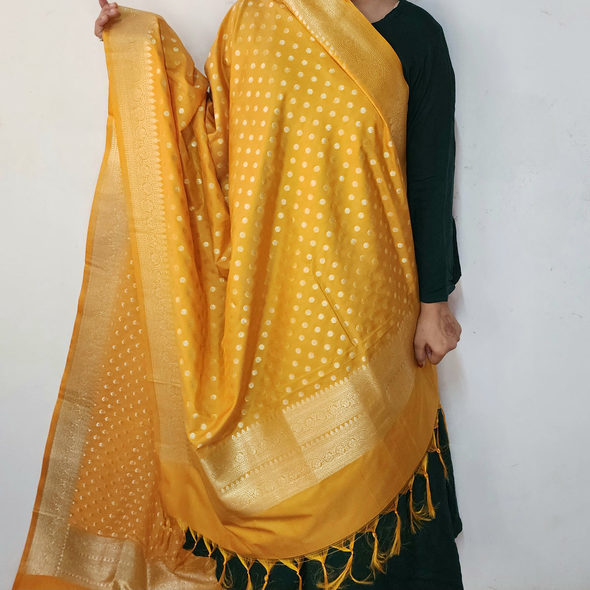 Mustard Yellow Banarasi Silk Dupatta with Gold Polka Dot