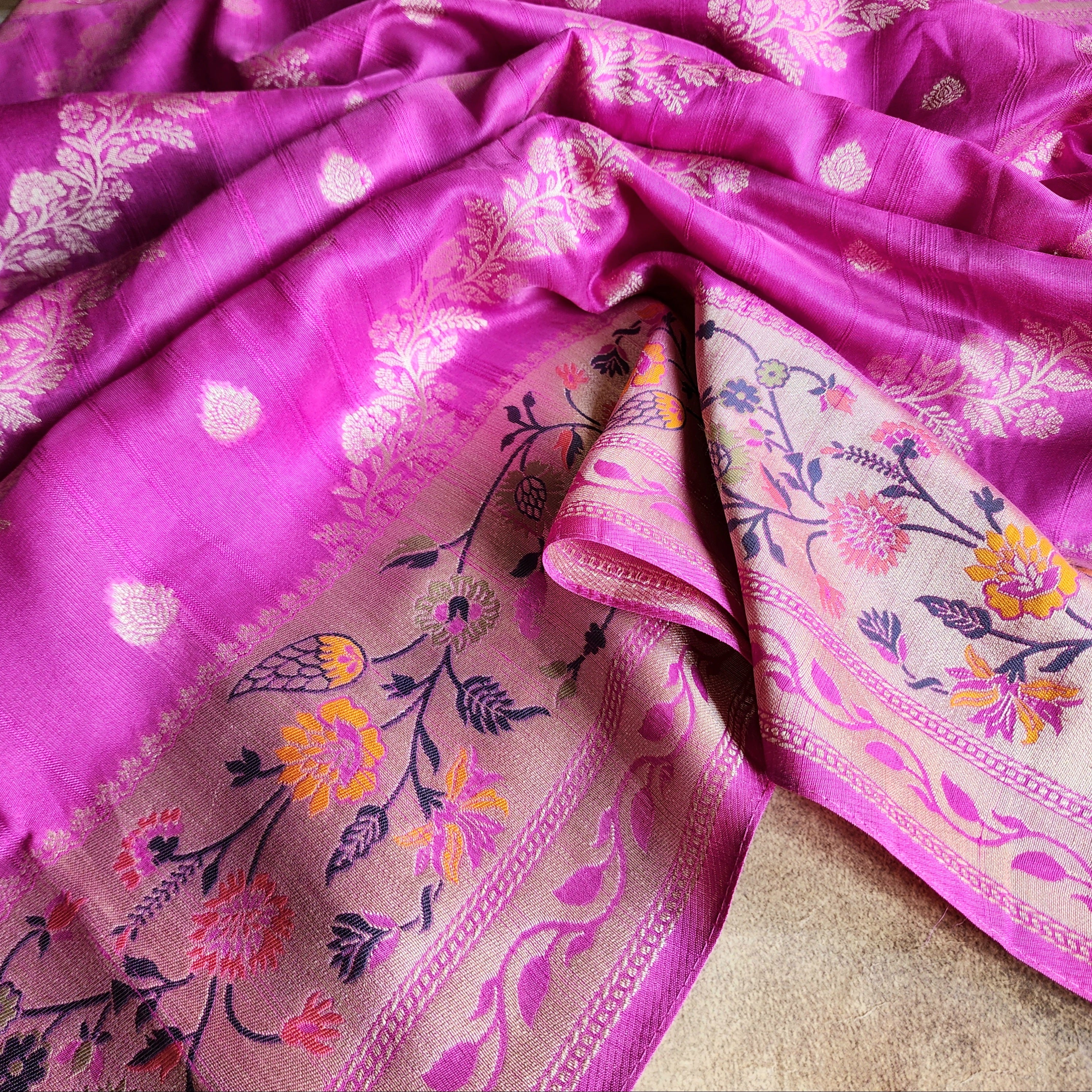 Soft Lavender Orchid Raw Silk Saree with Pastel Floral Weaving and Ivory Border