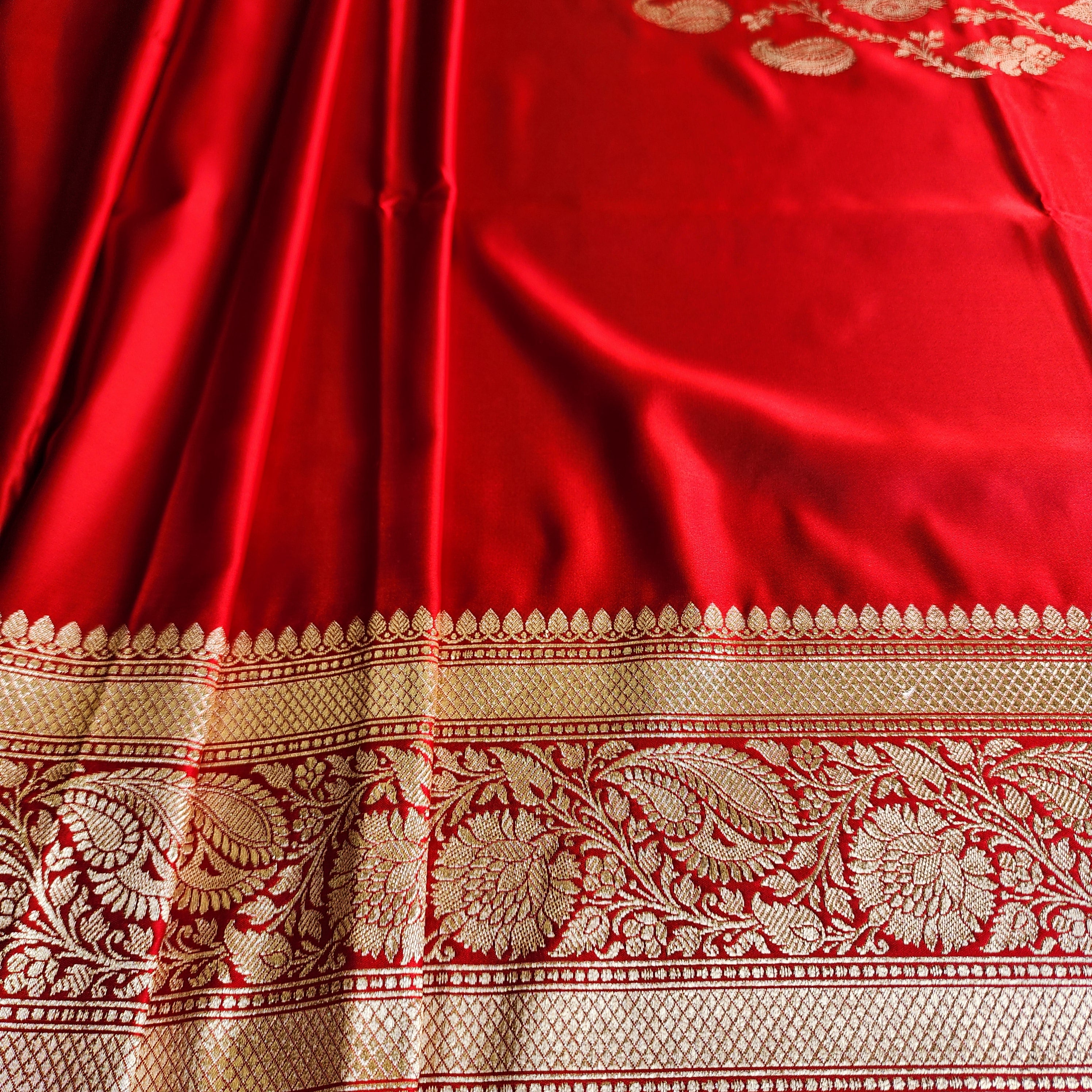 Rich Ruby Red Pure Banarasi Katan Silk Saree with light Gold Zari Weaving