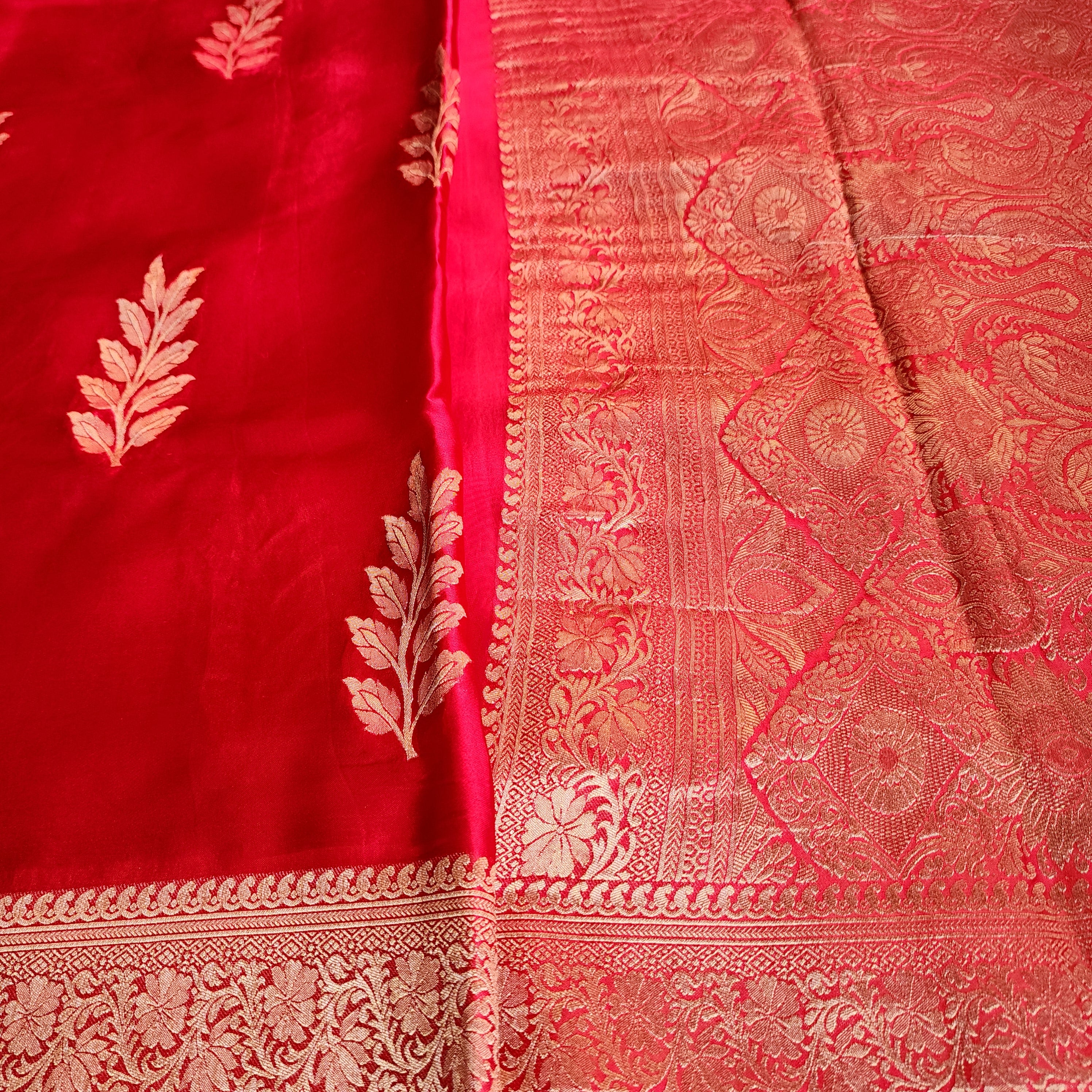 Bright Red Mashru Katan Silk Saree with Gold Weave