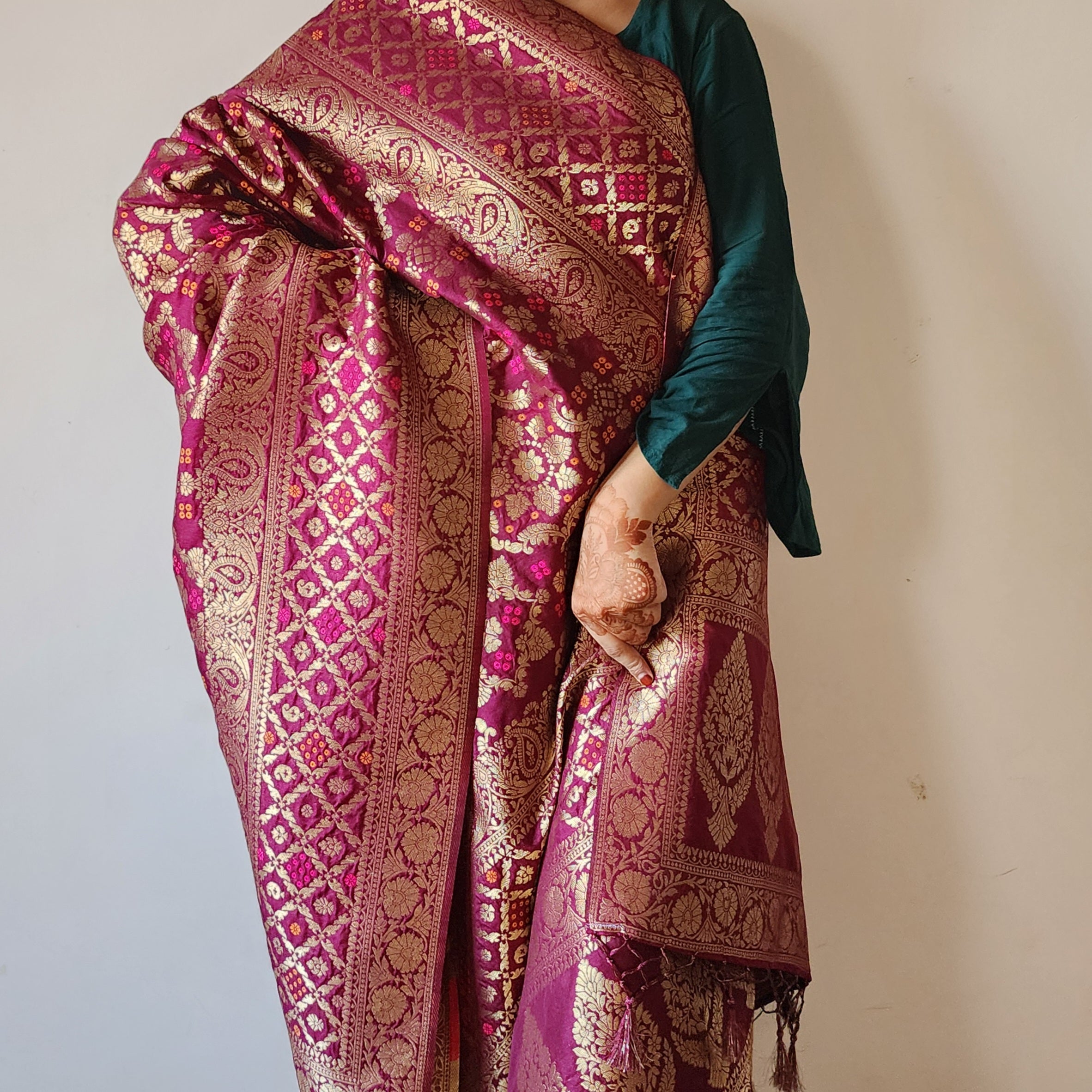 Deep Plum Bandhani Dupatta with Floral and Geometric Zari Weave