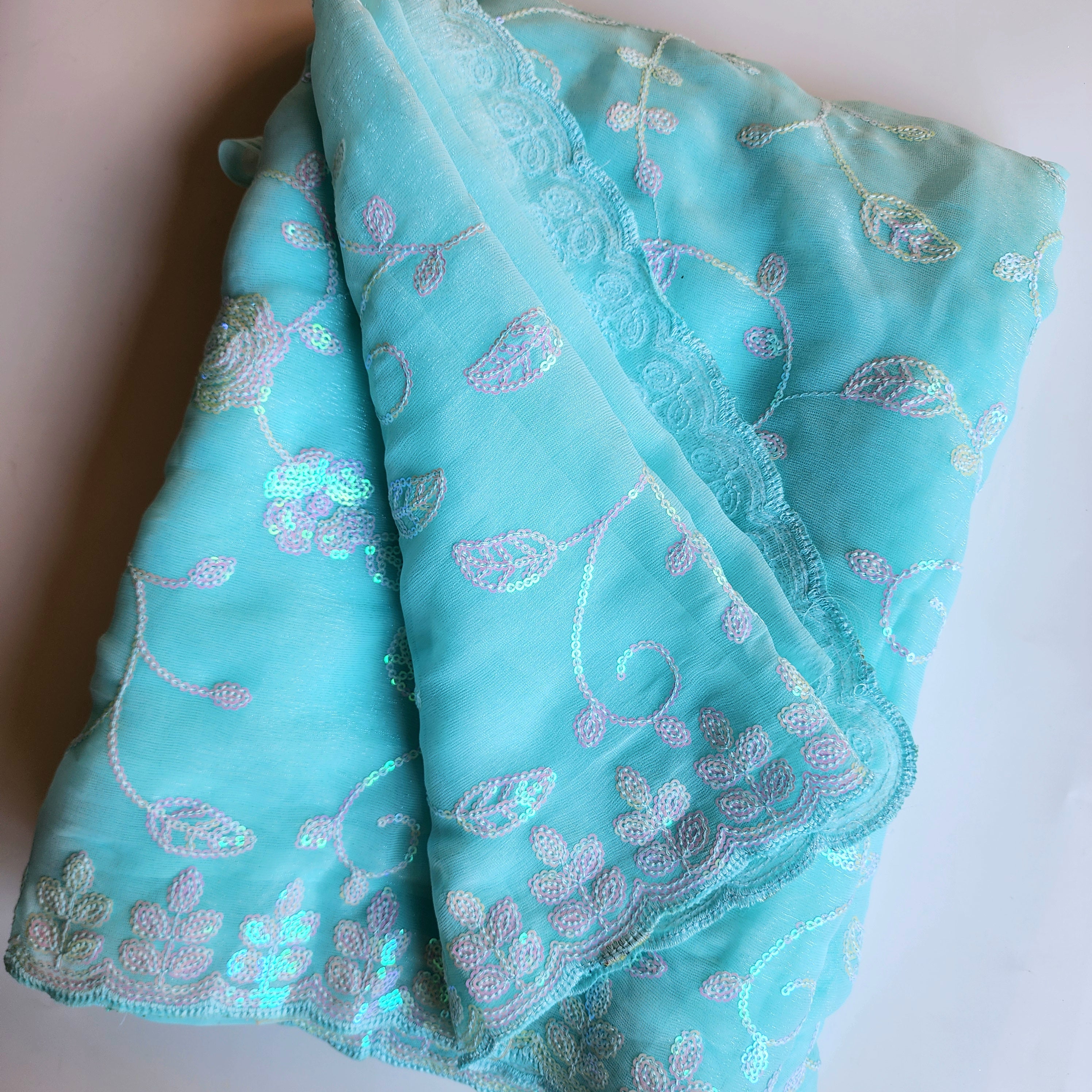 Georgette Designer Sequinned Saree - Mint Aqua