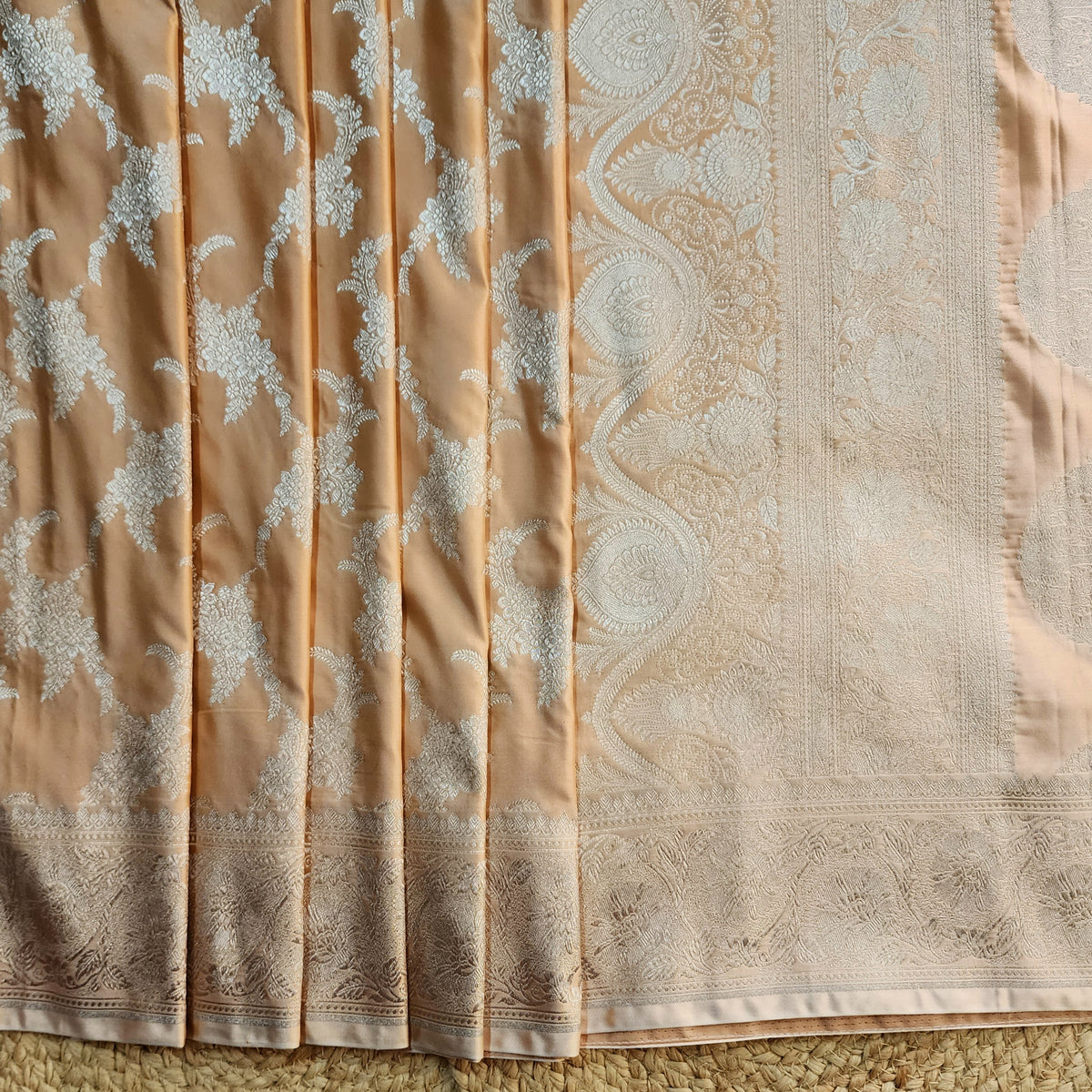 Peach Beige Banarasi Katan Silk Saree with Floral Vine Jaal