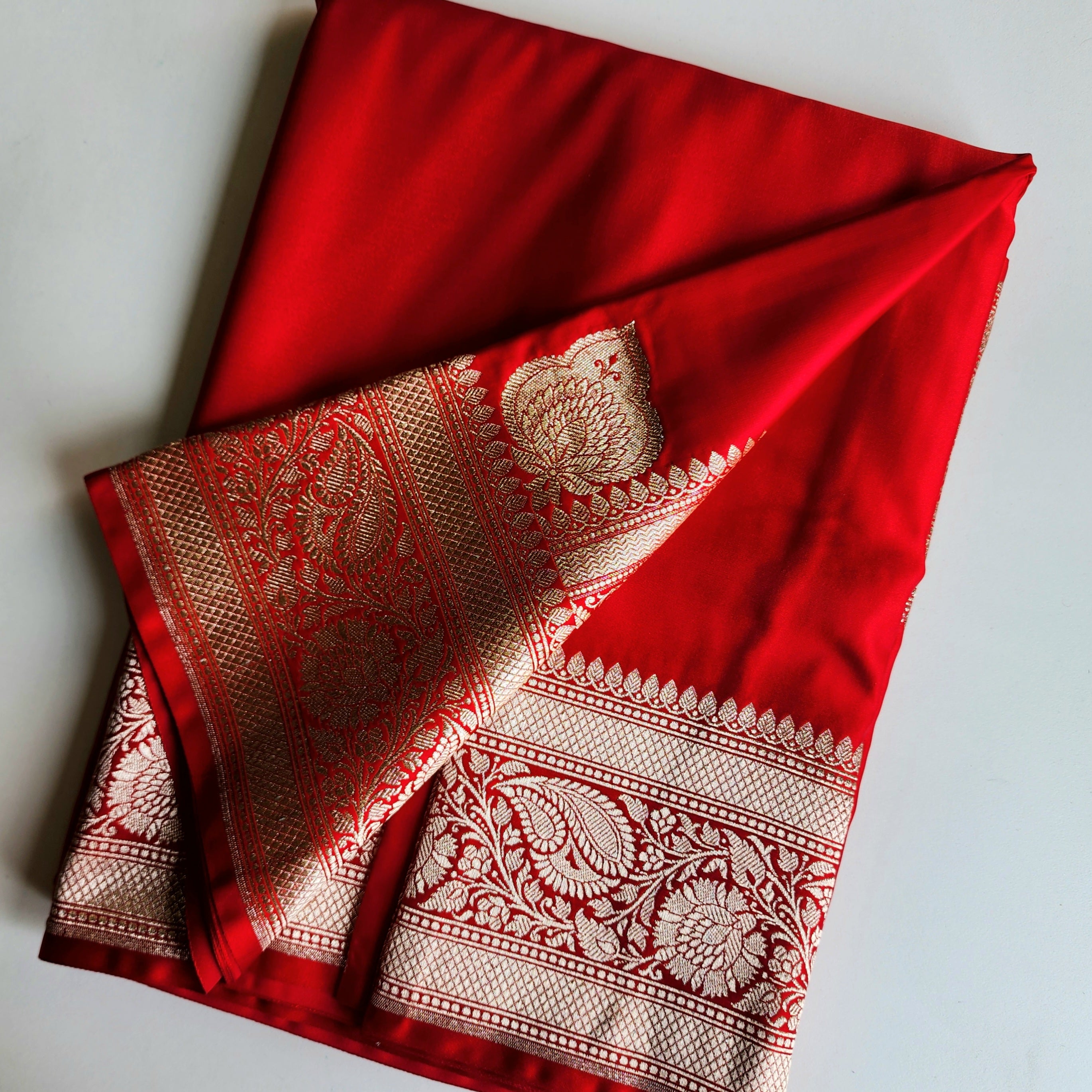 Rich Vermilion Red Pure Banarasi Katan Silk Saree with light Gold Zari Weaving