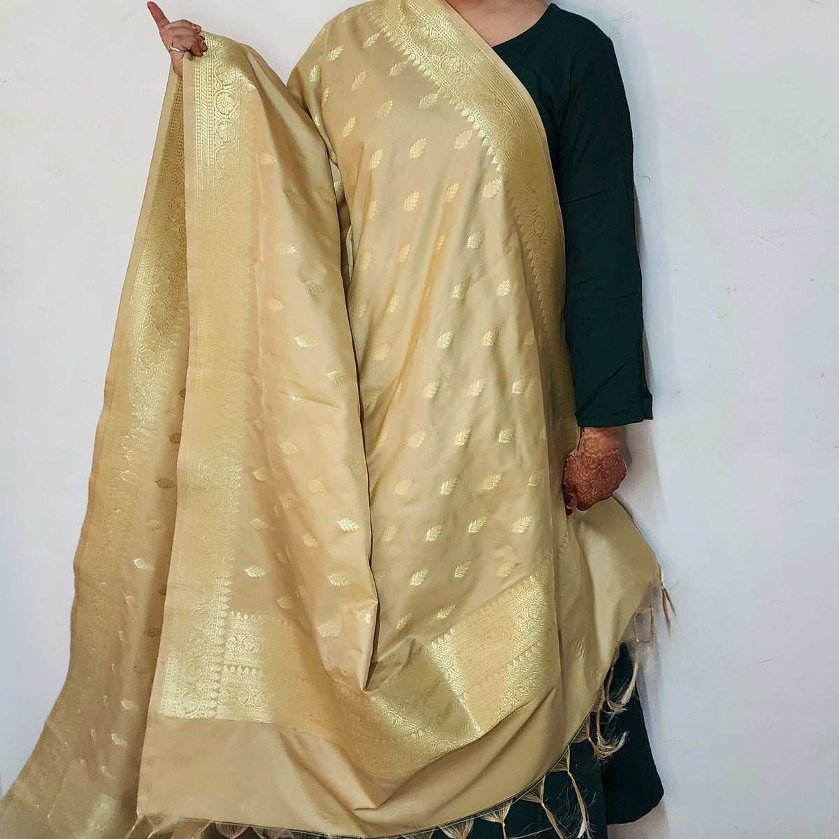 Champagne Banarasi Tapetta Silk Leaf Weave Dupatta