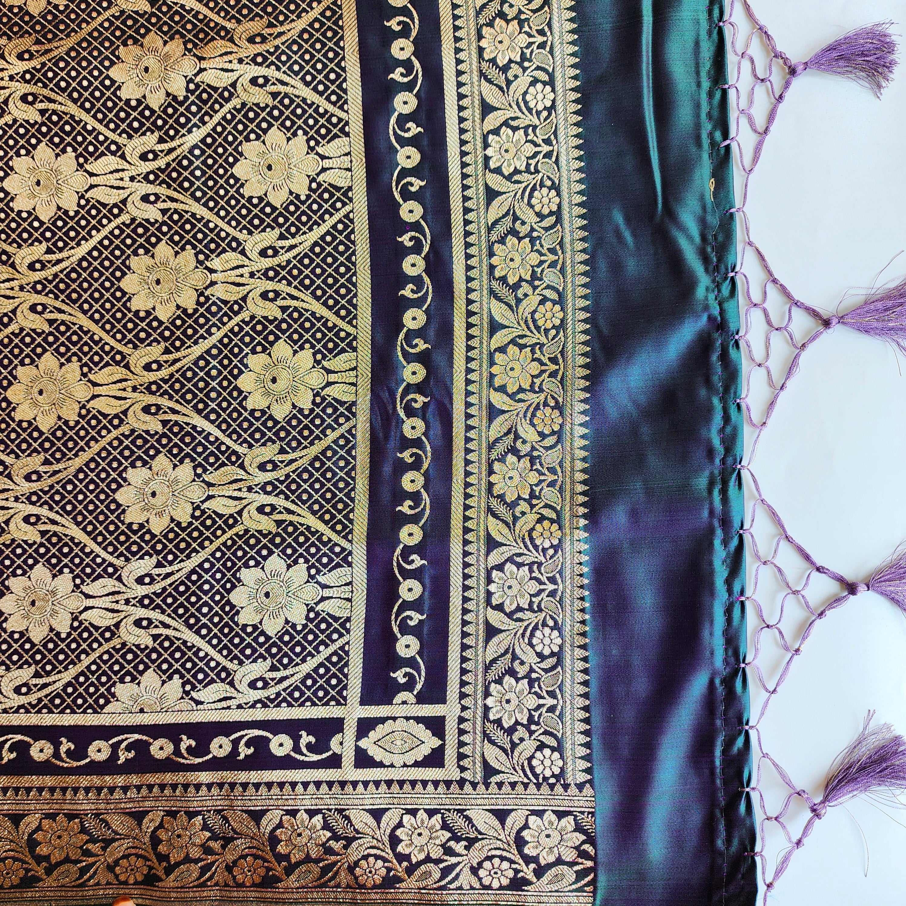 Lavender Katan Silk Saree with Emerald Green and Gold Zari Border