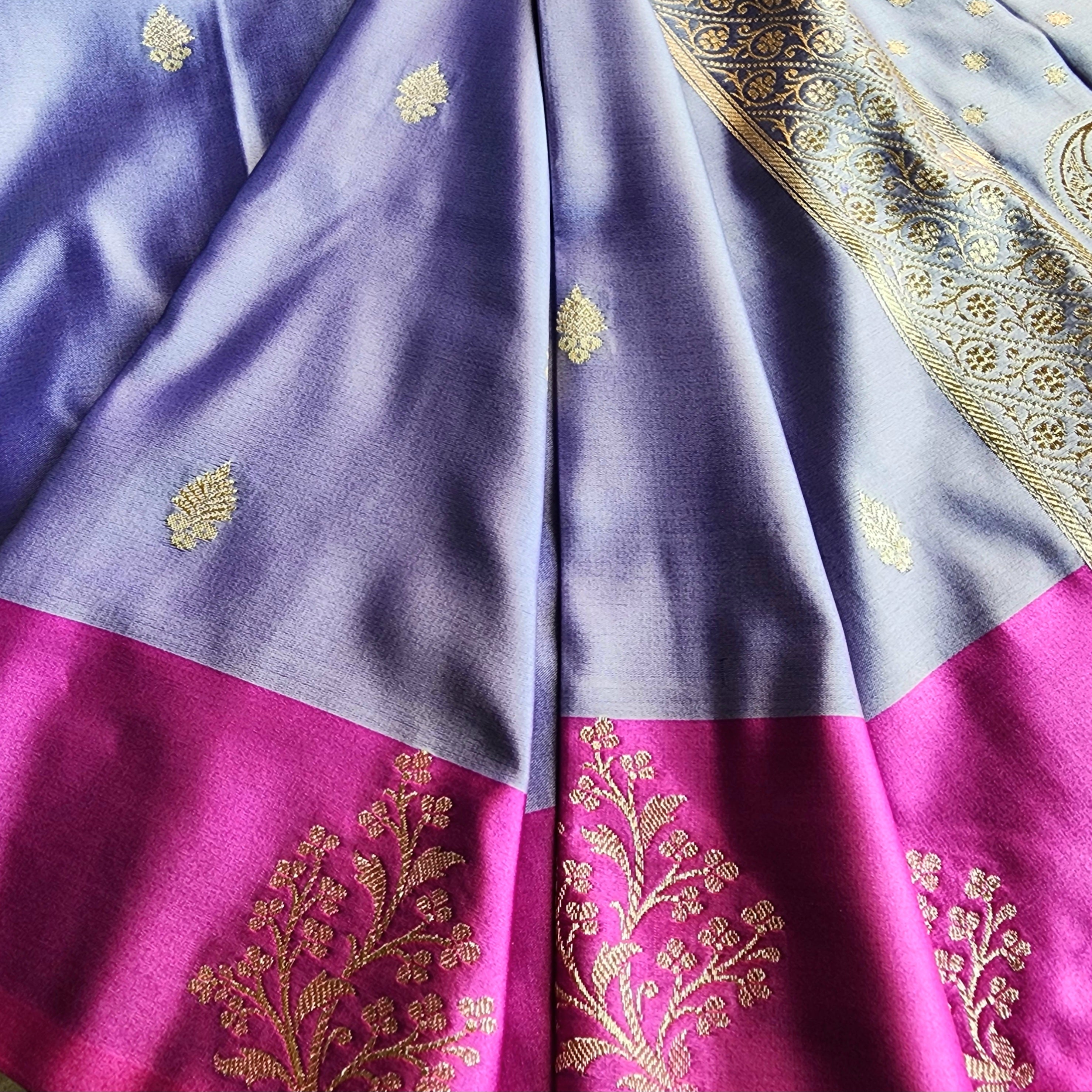 Pastel Purple Katan Silk Saree with Magenta Gold Zari Border
