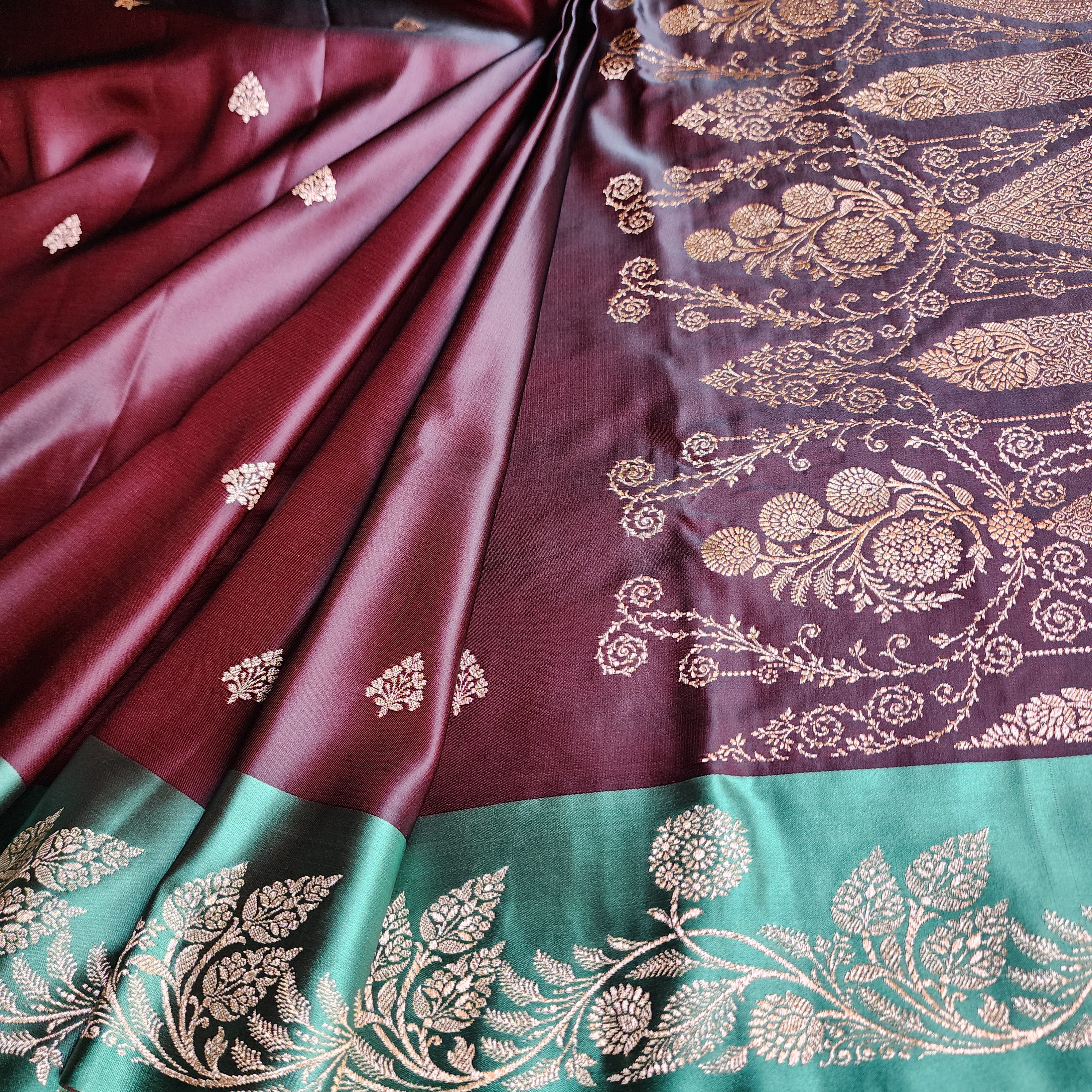 Chocolate Brown Pure Banarasi Katan Silk Saree with Sea Green Border