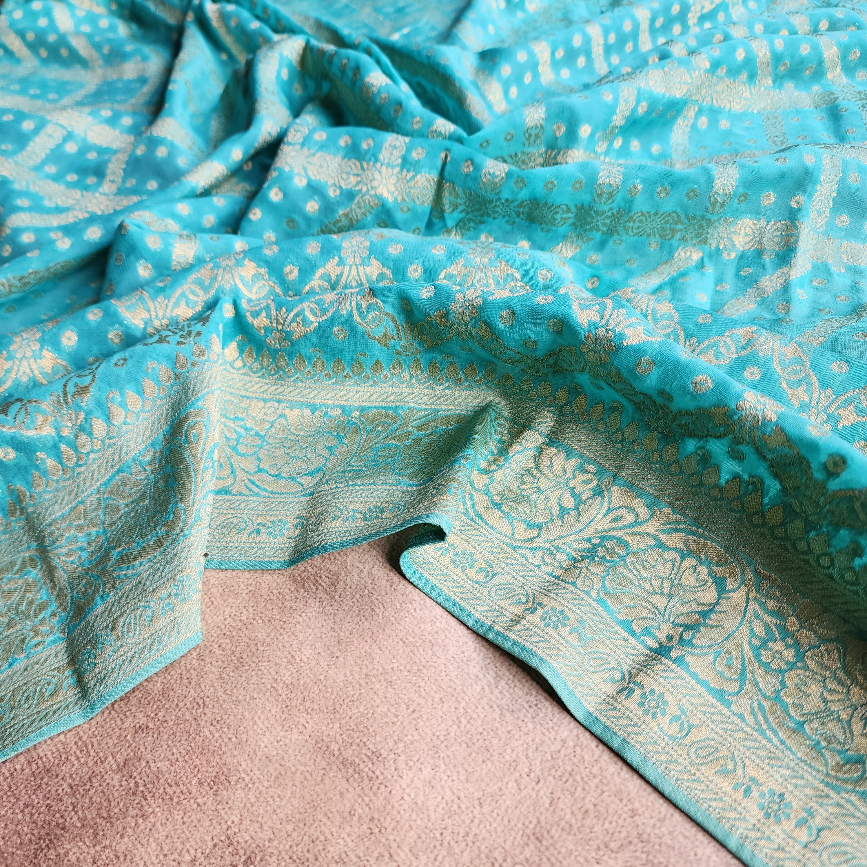 Turquoise Pure Khaddi Georgette Banarasi Saree with Golden Zari