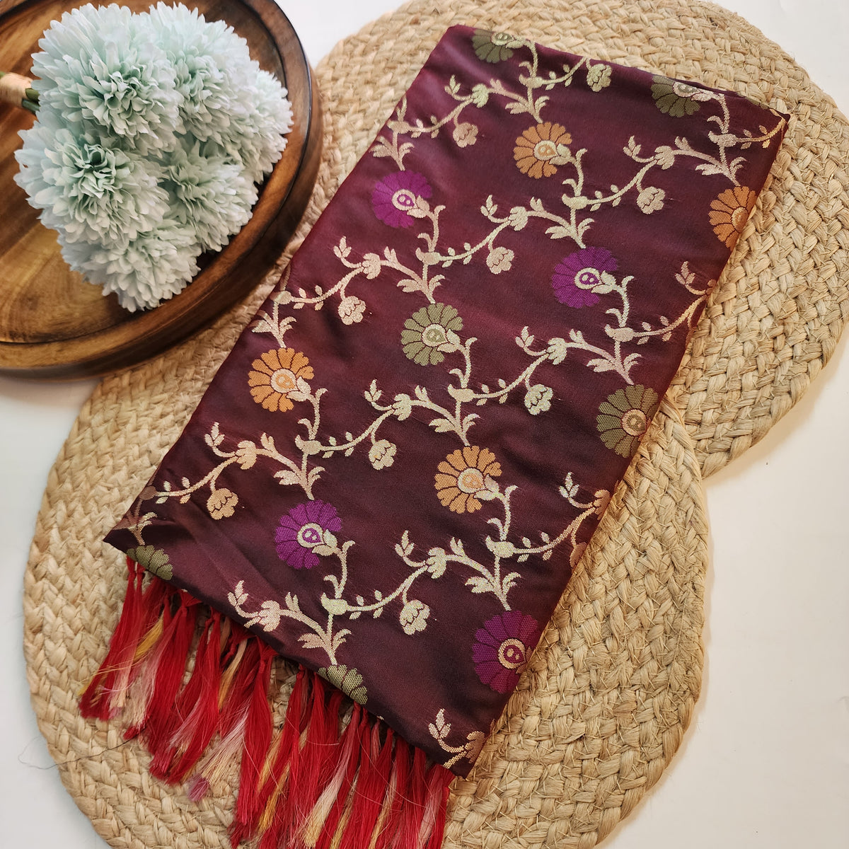 Banarasi Silk Floral Jaal Dupatta - Deep Burgundy