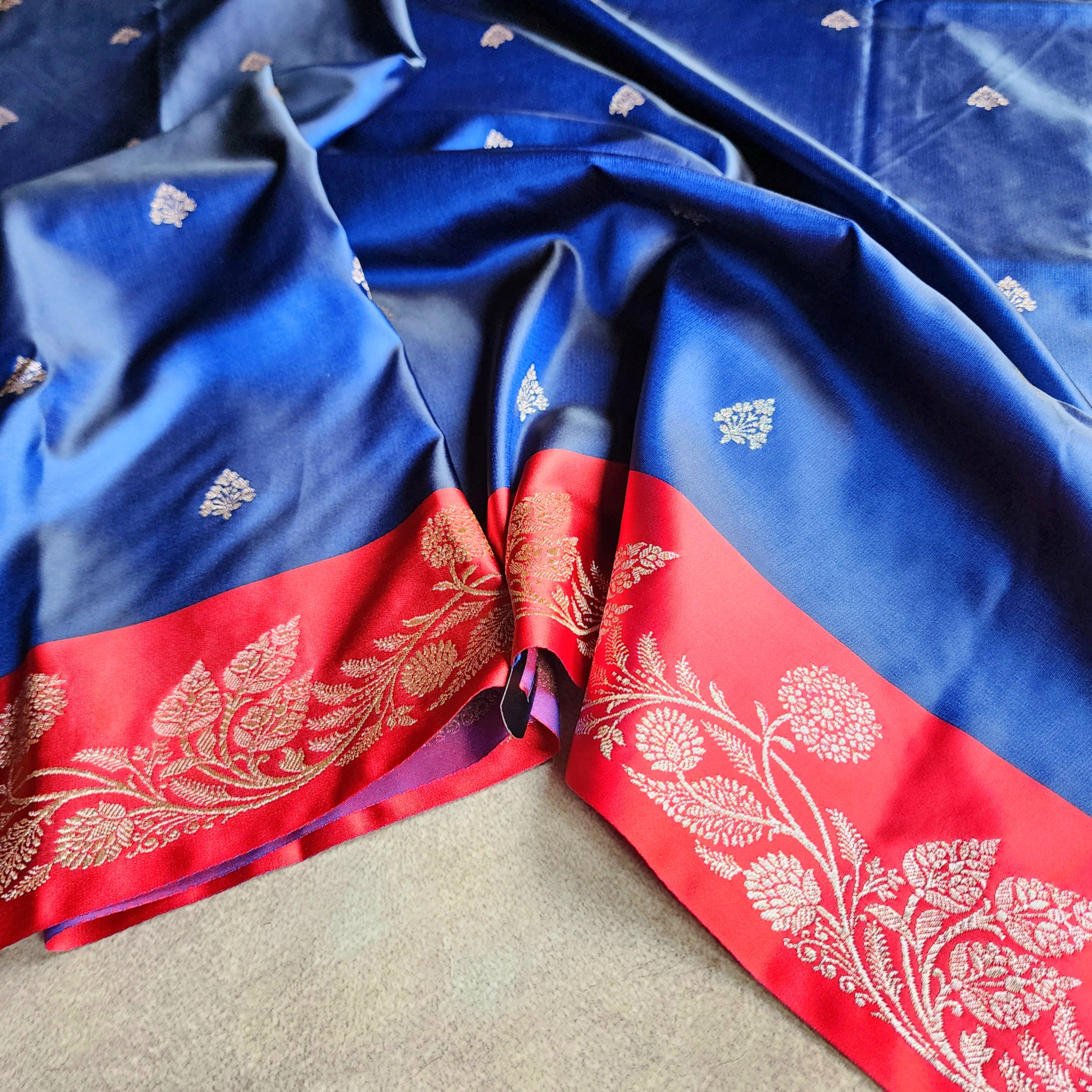 Navy Blue Pure Banarasi Katan Silk Saree with Vermilion Red Border