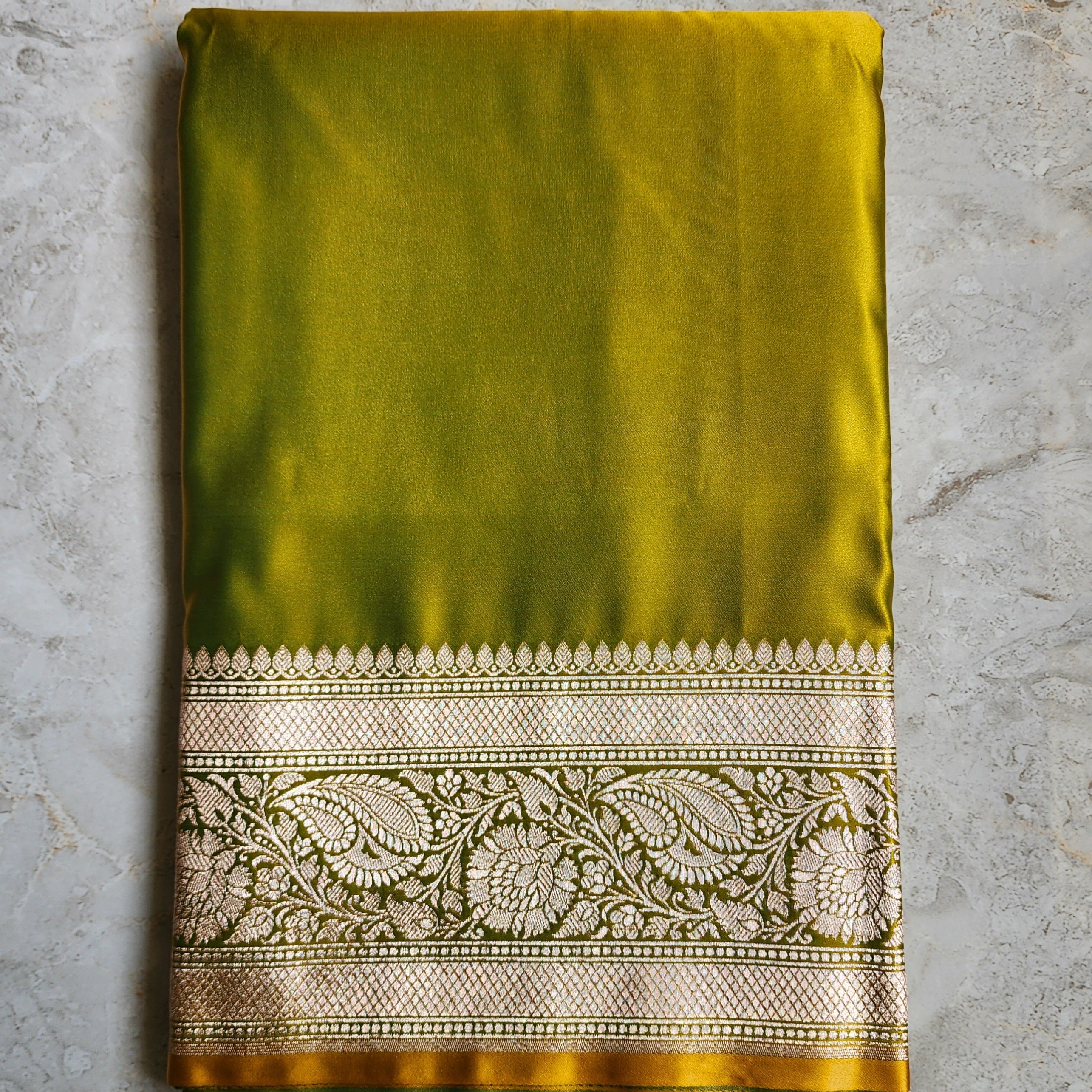 Olive Green Pure Banarasi Katan Silk Saree with light Gold Zari Weaving