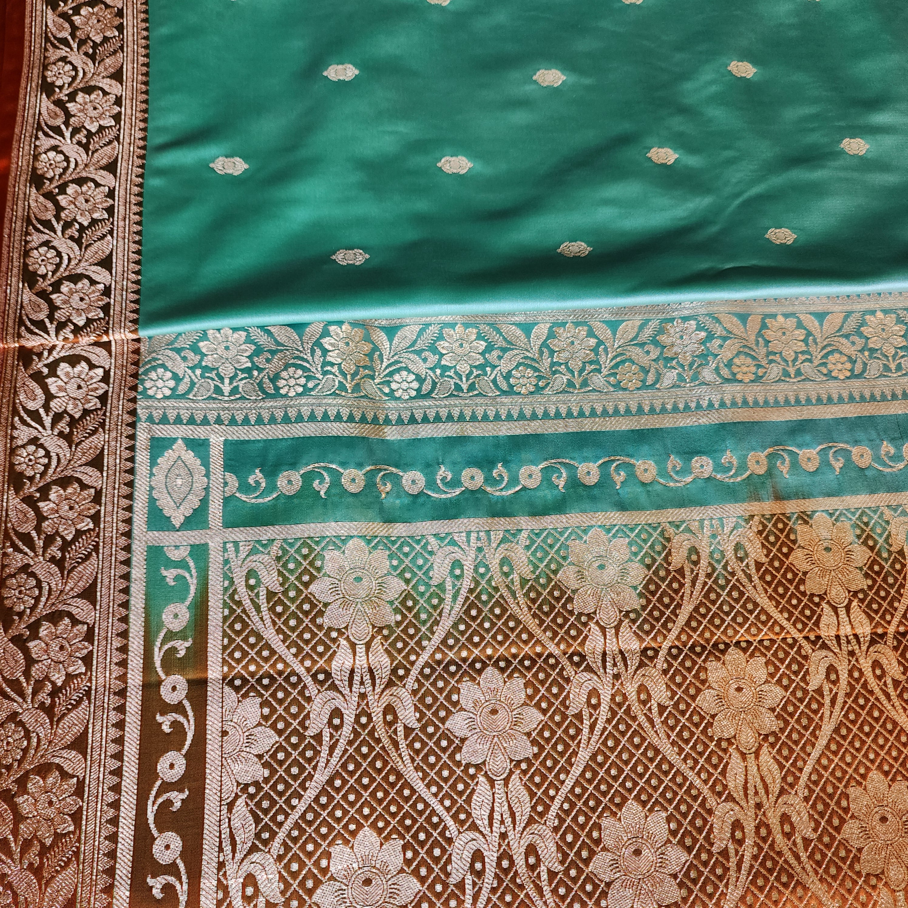 Aqua Katan Silk Saree with Rust and Gold Zari Border