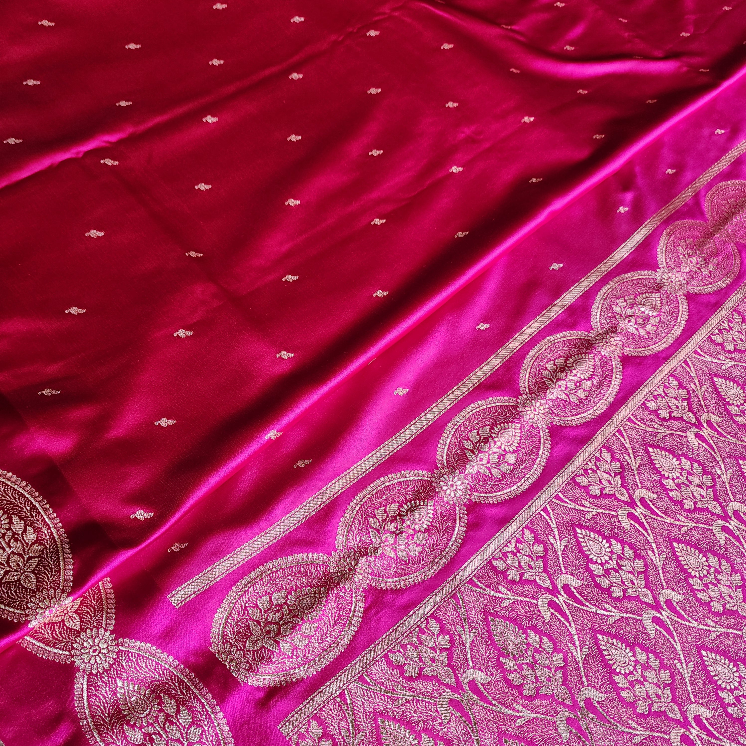 Bright Pink Pure Banarasi Katan Silk Saree with Gold Zari Weaving
