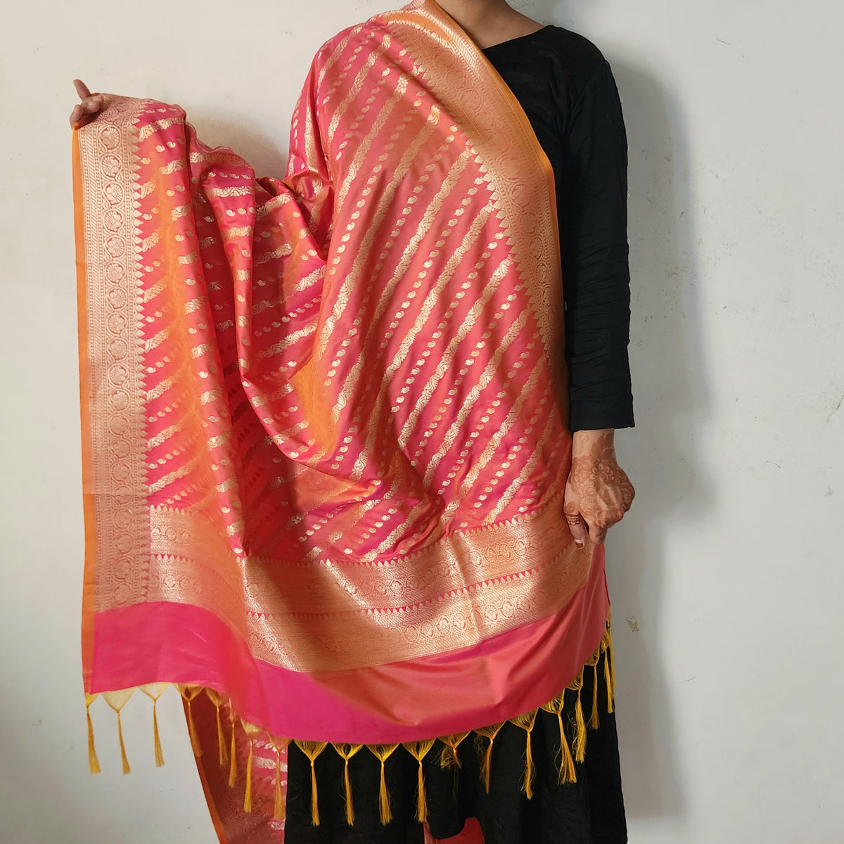Peach Orange - Banarasi Leheriya Style Dupatta