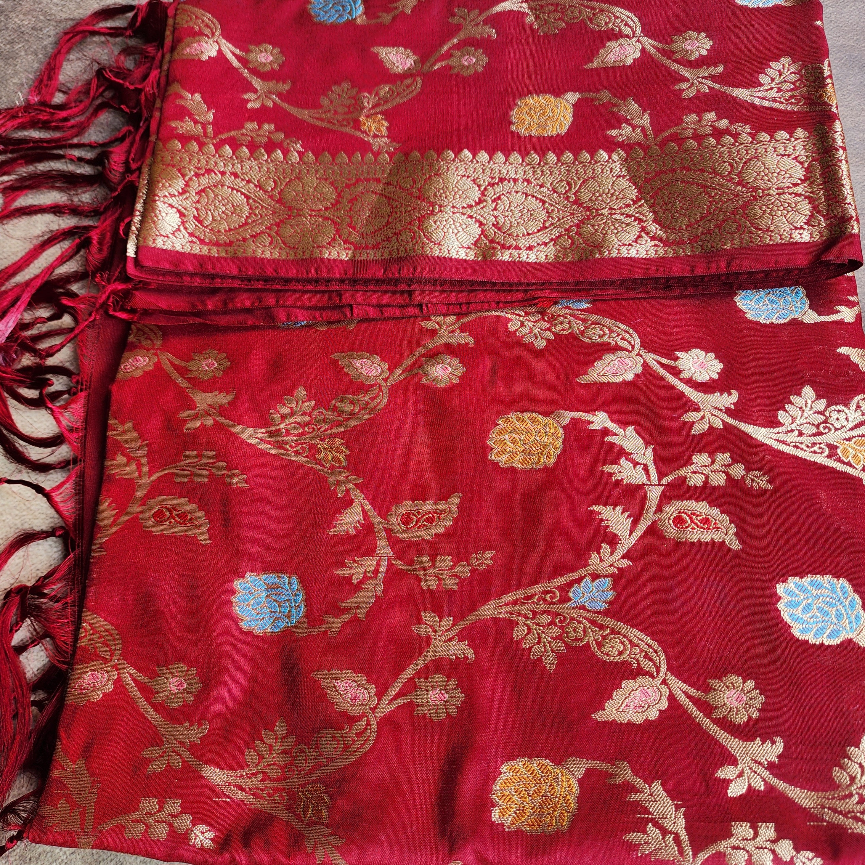 Maroon Banarasi Silk Dupatta with Gold Zari Border & Multicolor Meenakari Work