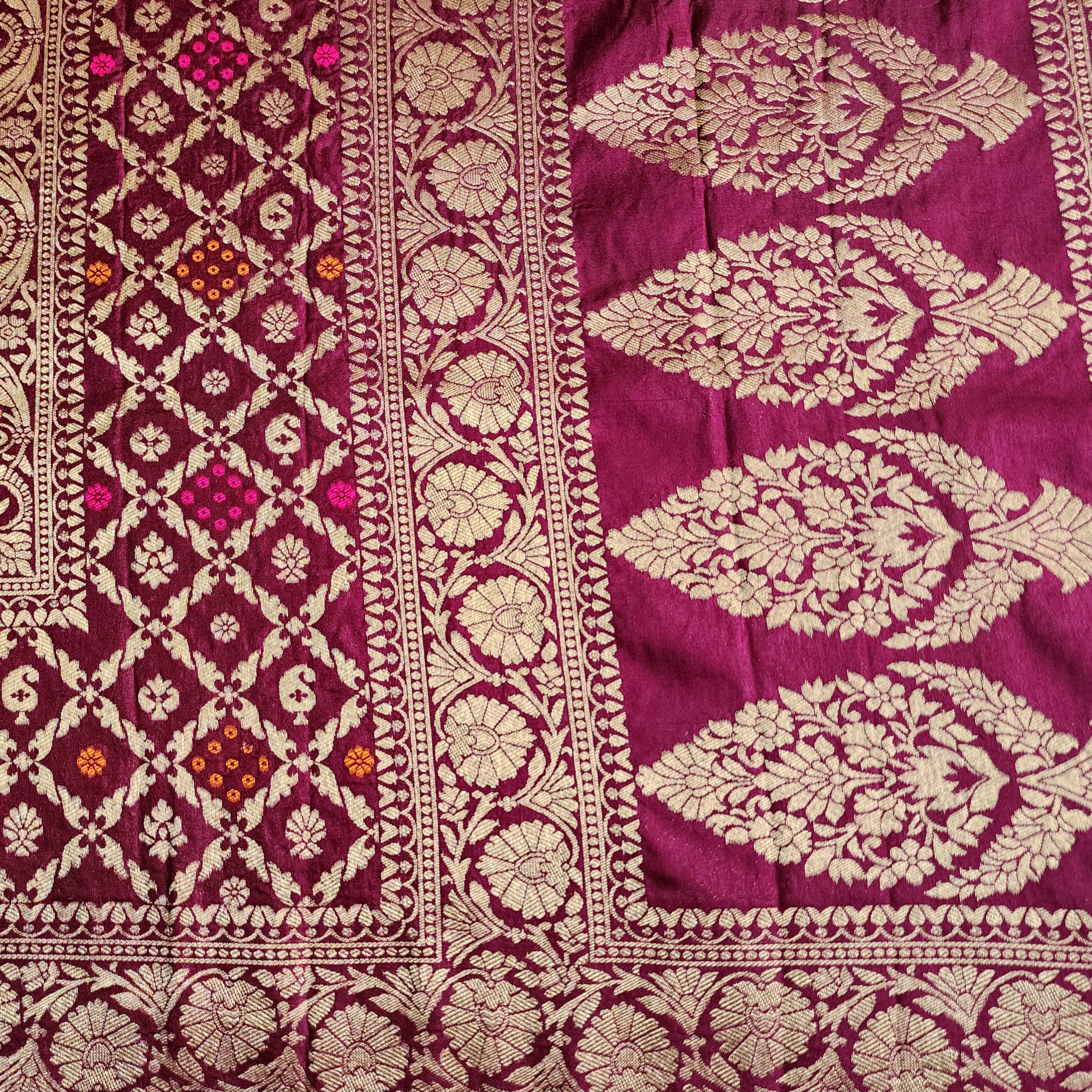 Deep Plum Bandhani Dupatta with Floral and Geometric Zari Weave
