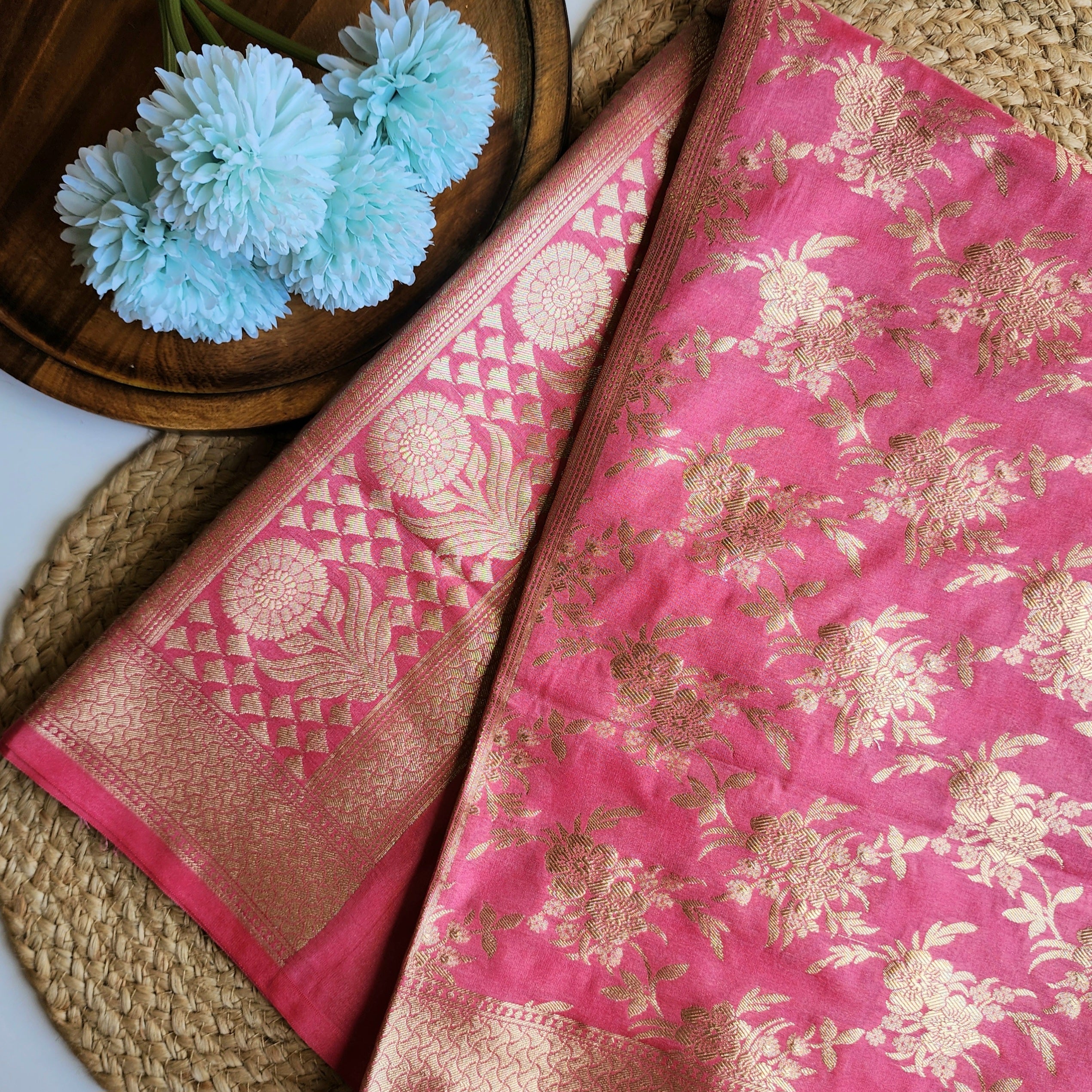 Cerise Pink Banarasi Dupatta - Floral Brocade Zari