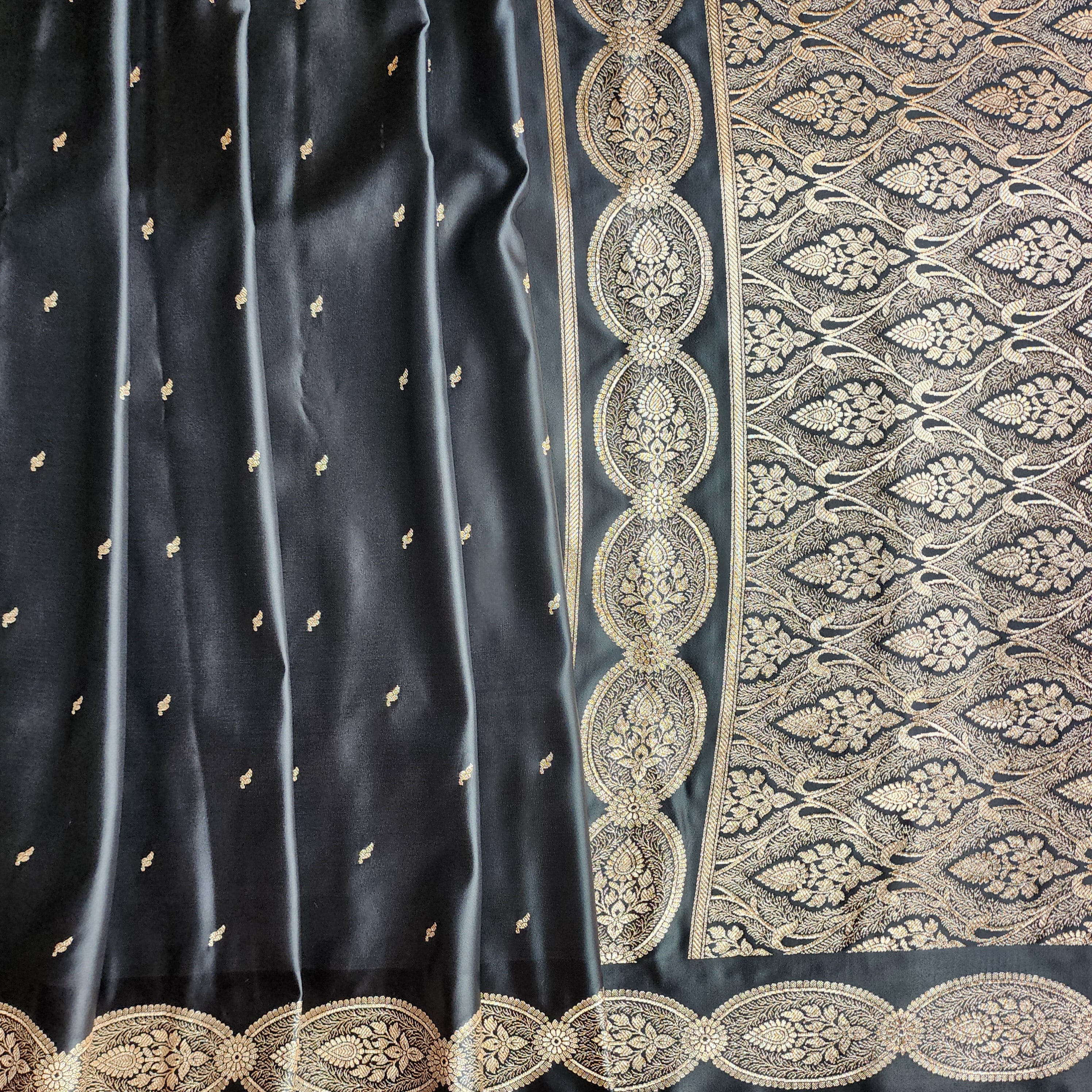 Black Pure Banarasi Katan Silk Saree with Gold Zari Weaving