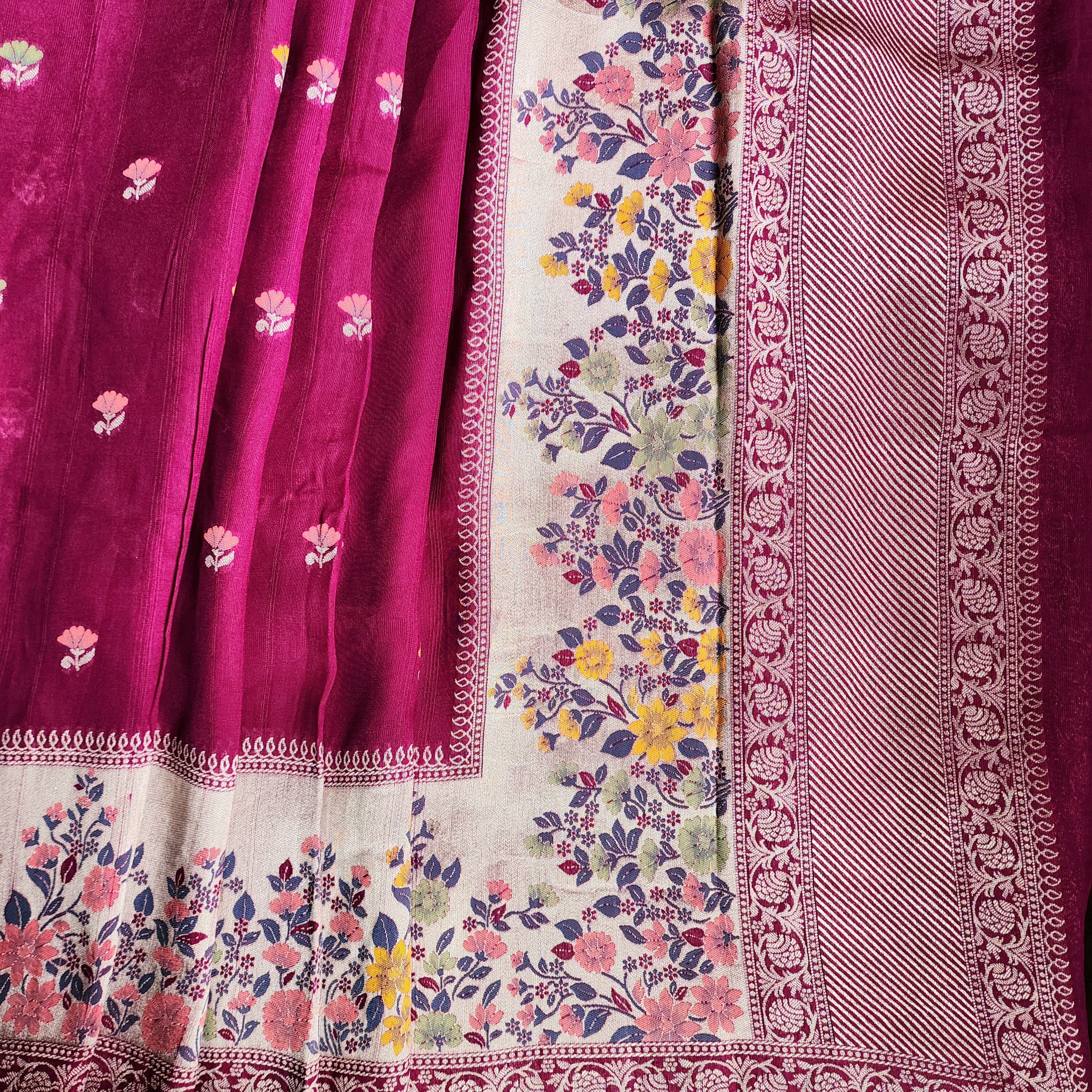 Soft Wine Raw Silk Saree With Pastel Floral Weaving and Off White Border