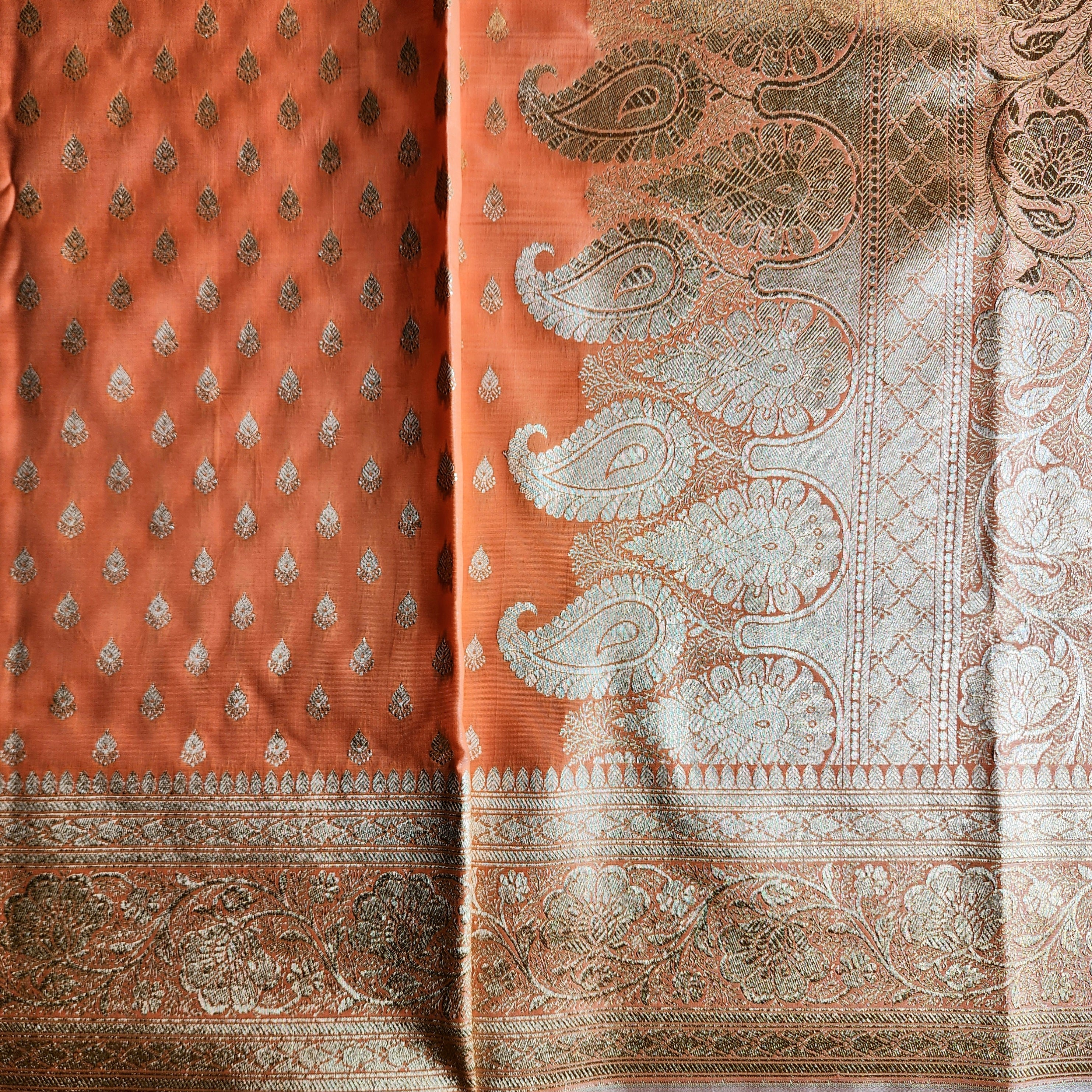 Rich Burnt Orange Banarasi Silk Saree with Gold Zari Weaving
